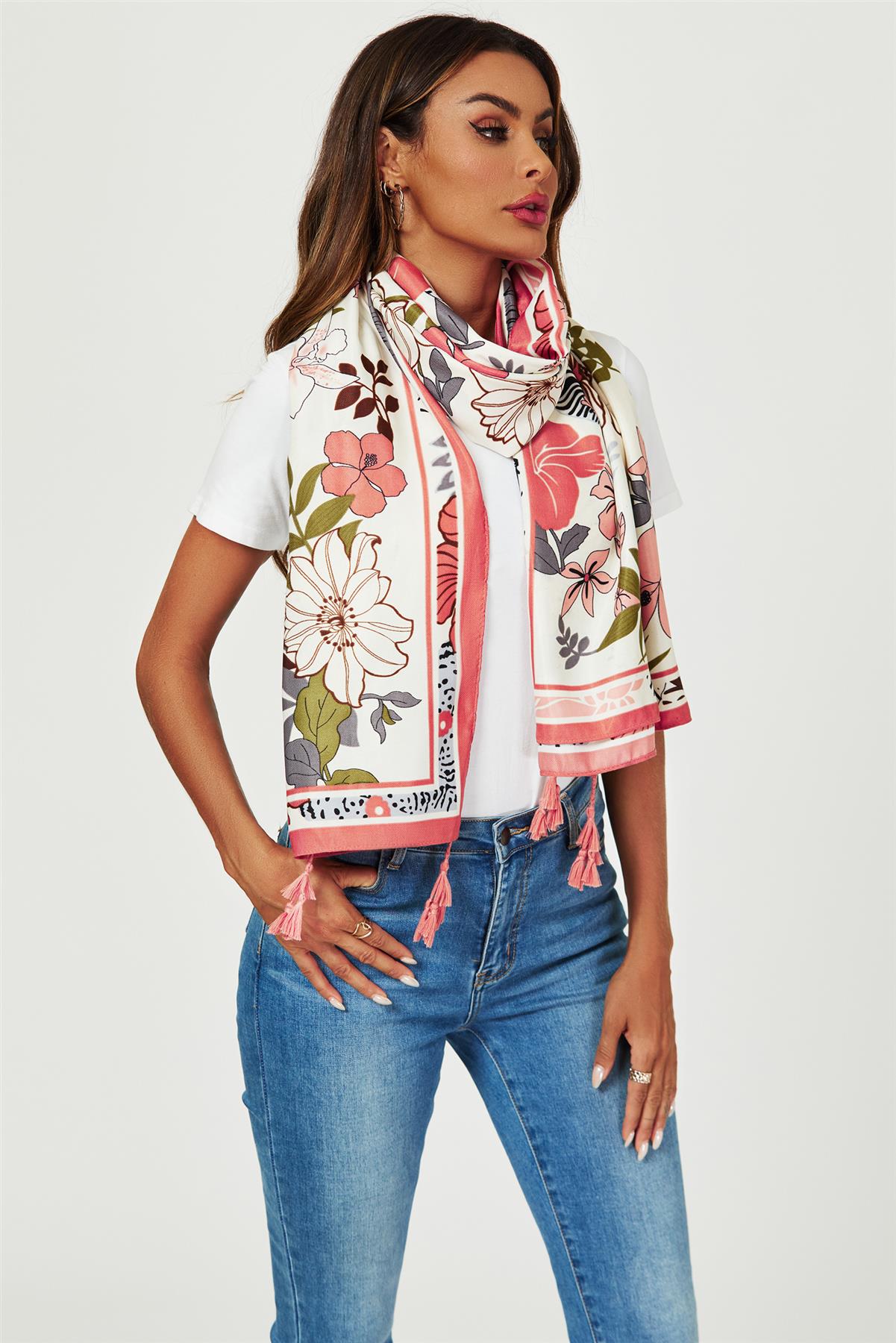 Tropical Floral Print Tassel Scarf In Pink - AXON