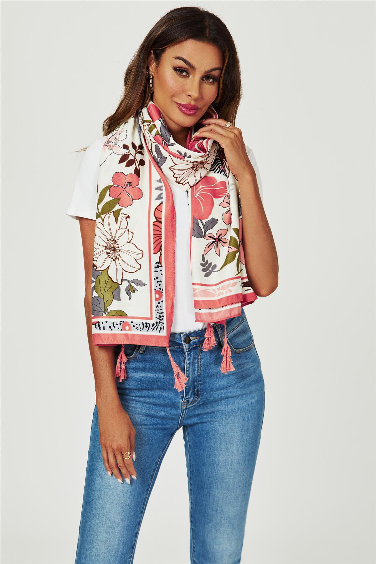 Tropical Floral Print Tassel Scarf In Pink - AXON