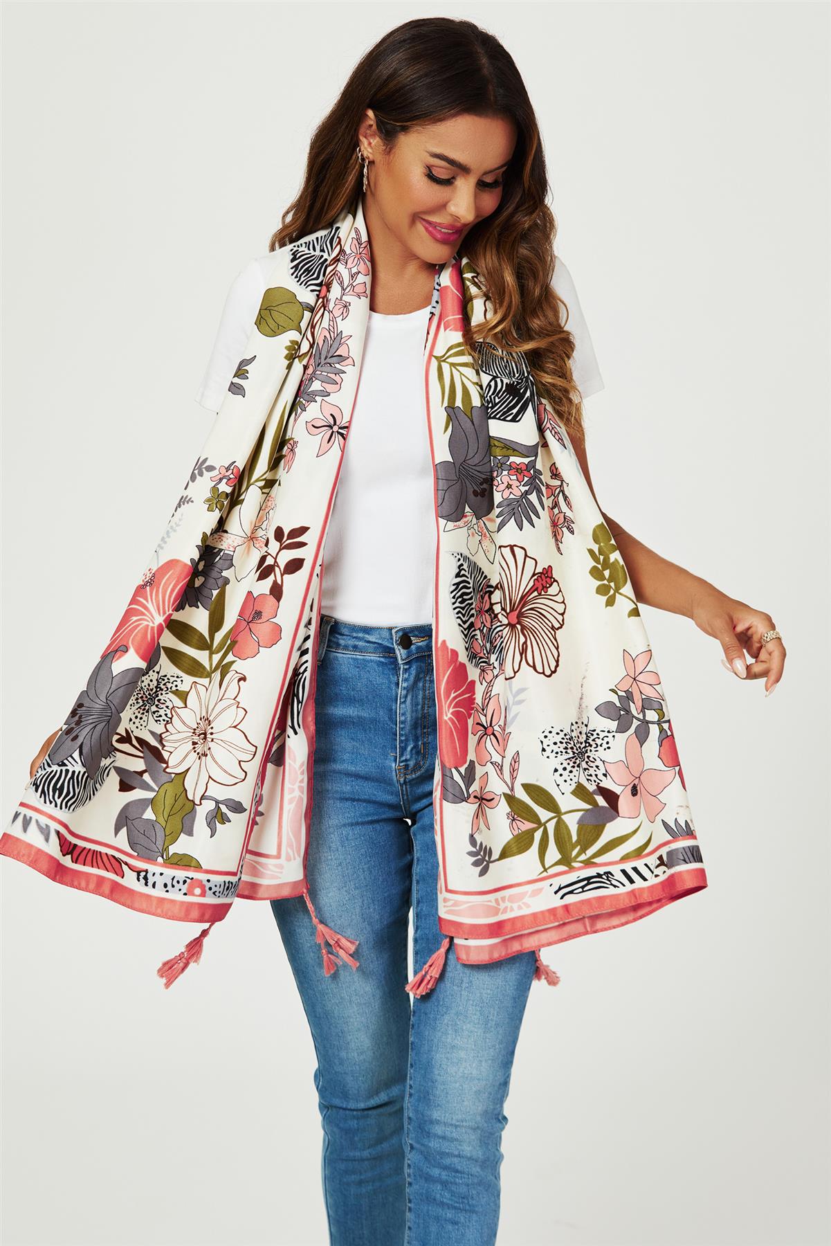 Tropical Floral Print Tassel Scarf In Pink - AXON