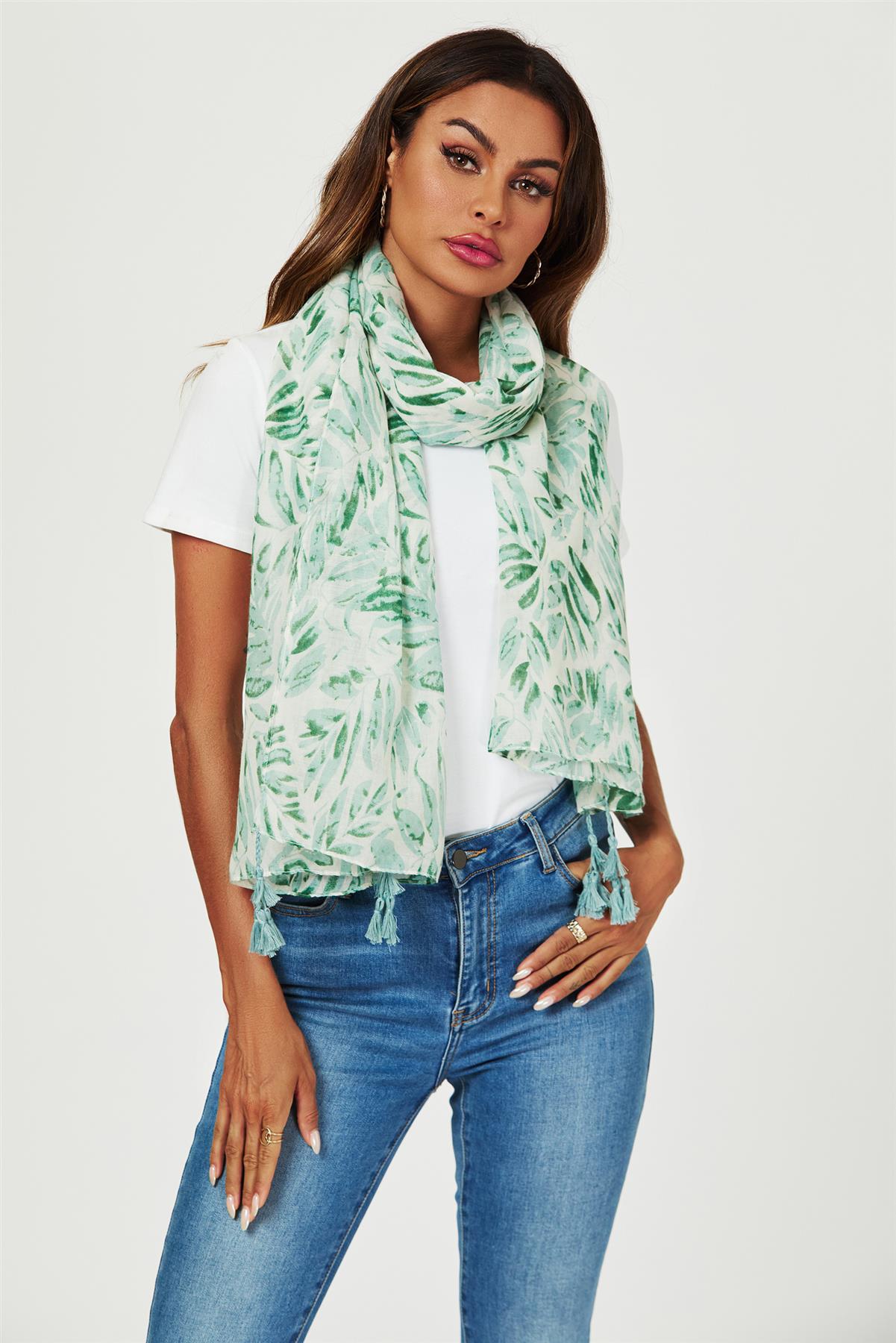 Tropical Leaf Print Tassel Scarf In Green - AXON