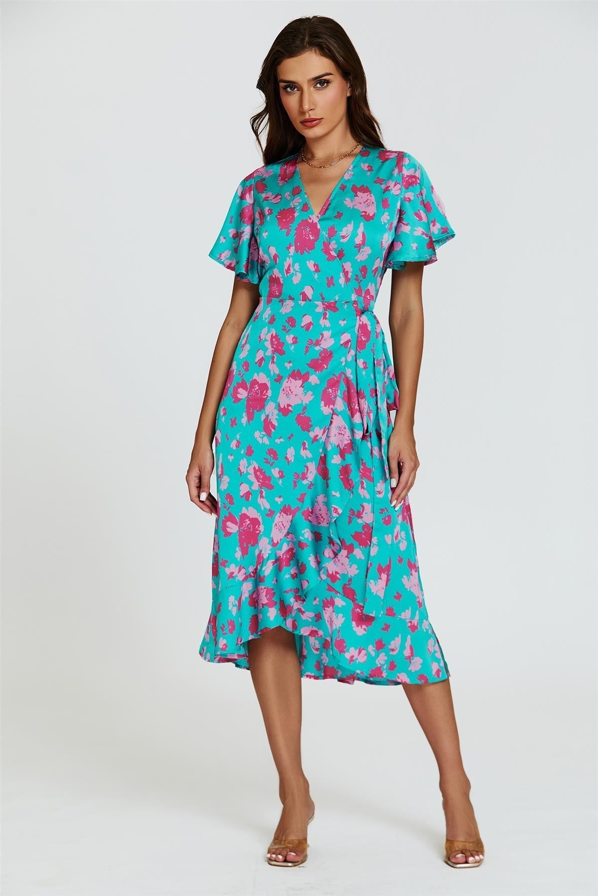 Turquoise & Hot Pink Print Angel Sleeve Wrap Midi Dress - AXON