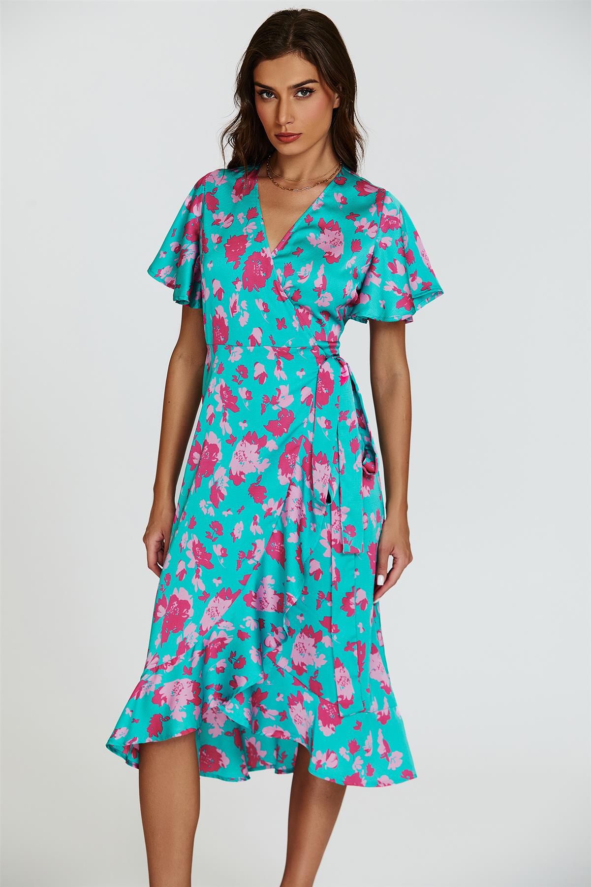 Turquoise & Hot Pink Print Angel Sleeve Wrap Midi Dress - AXON