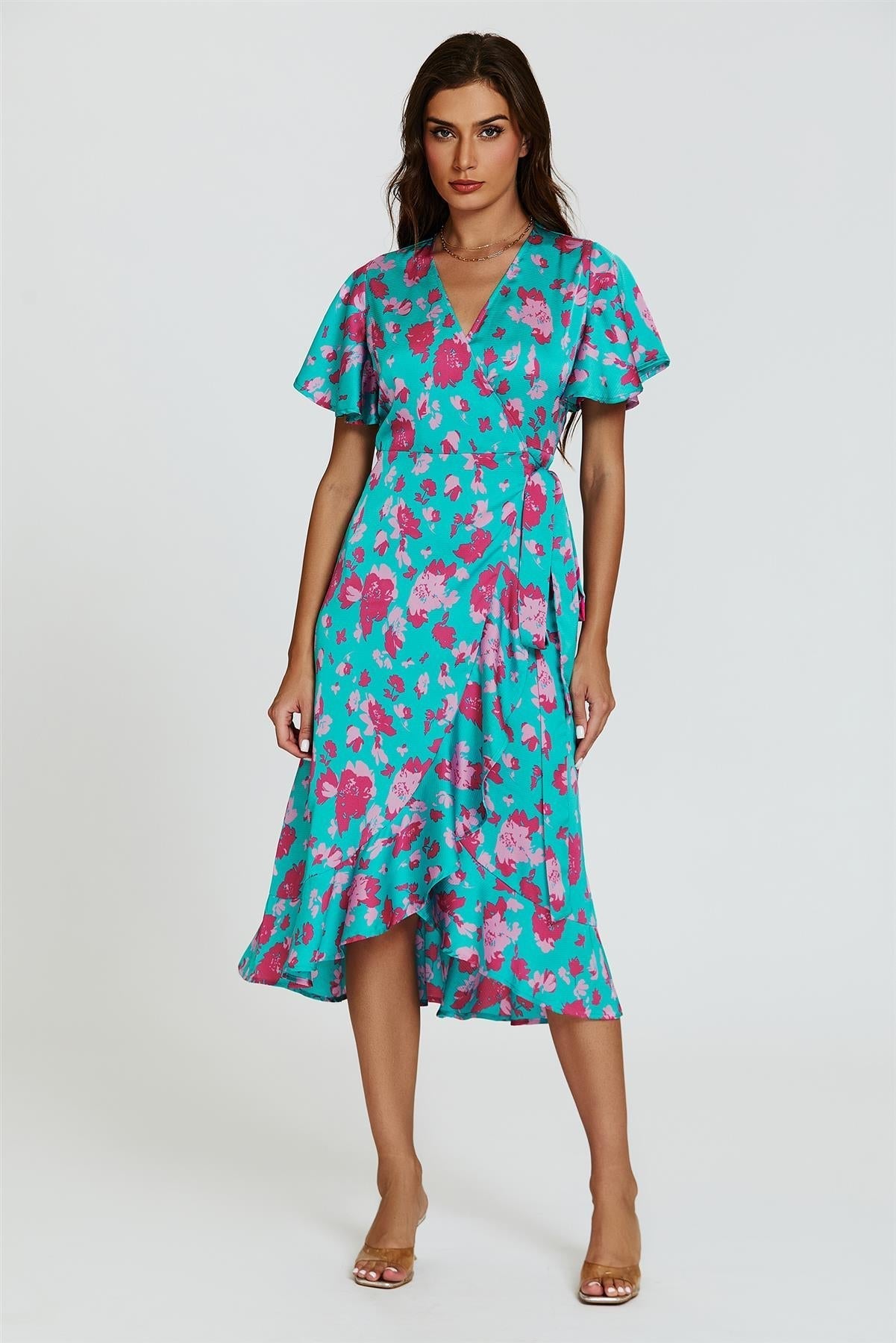 Turquoise & Hot Pink Print Angel Sleeve Wrap Midi Dress - AXON