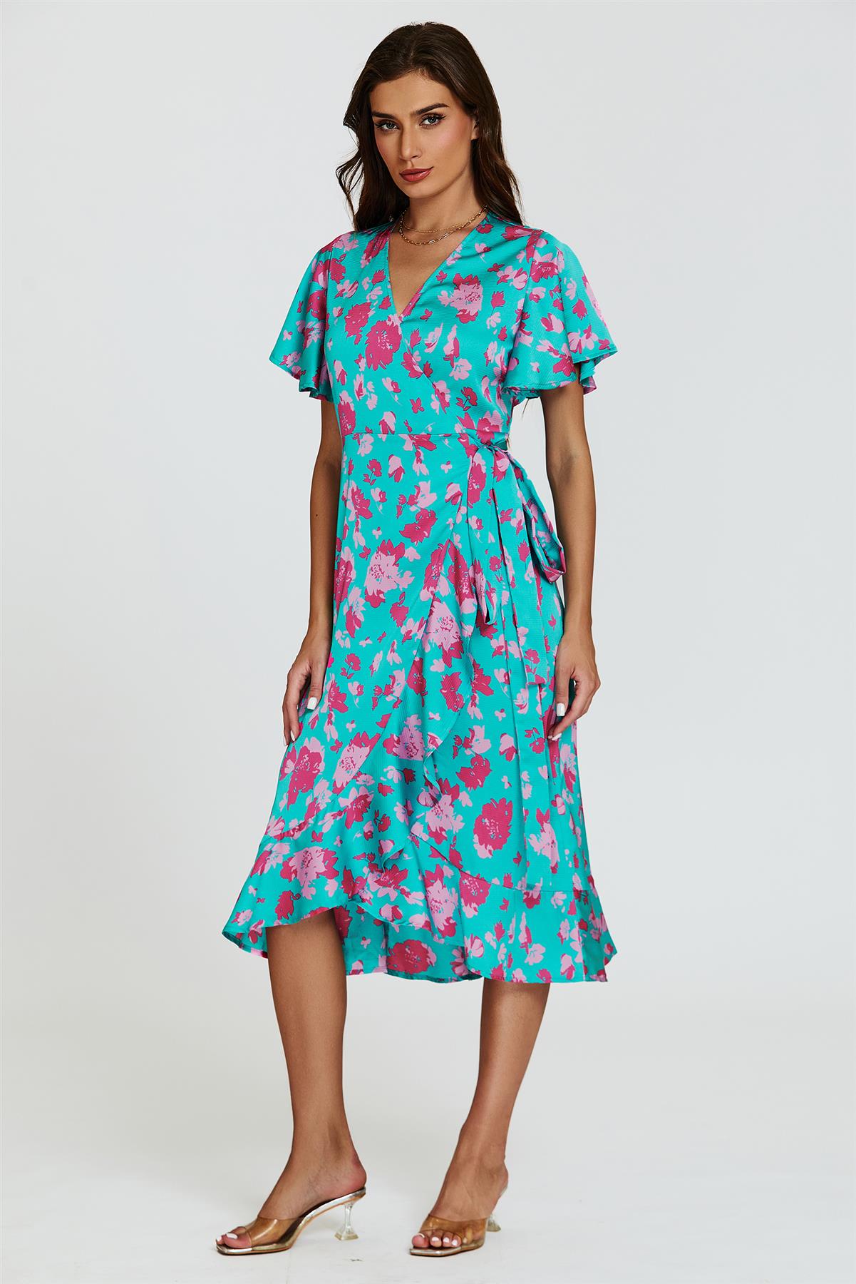 Turquoise & Hot Pink Print Angel Sleeve Wrap Midi Dress - AXON