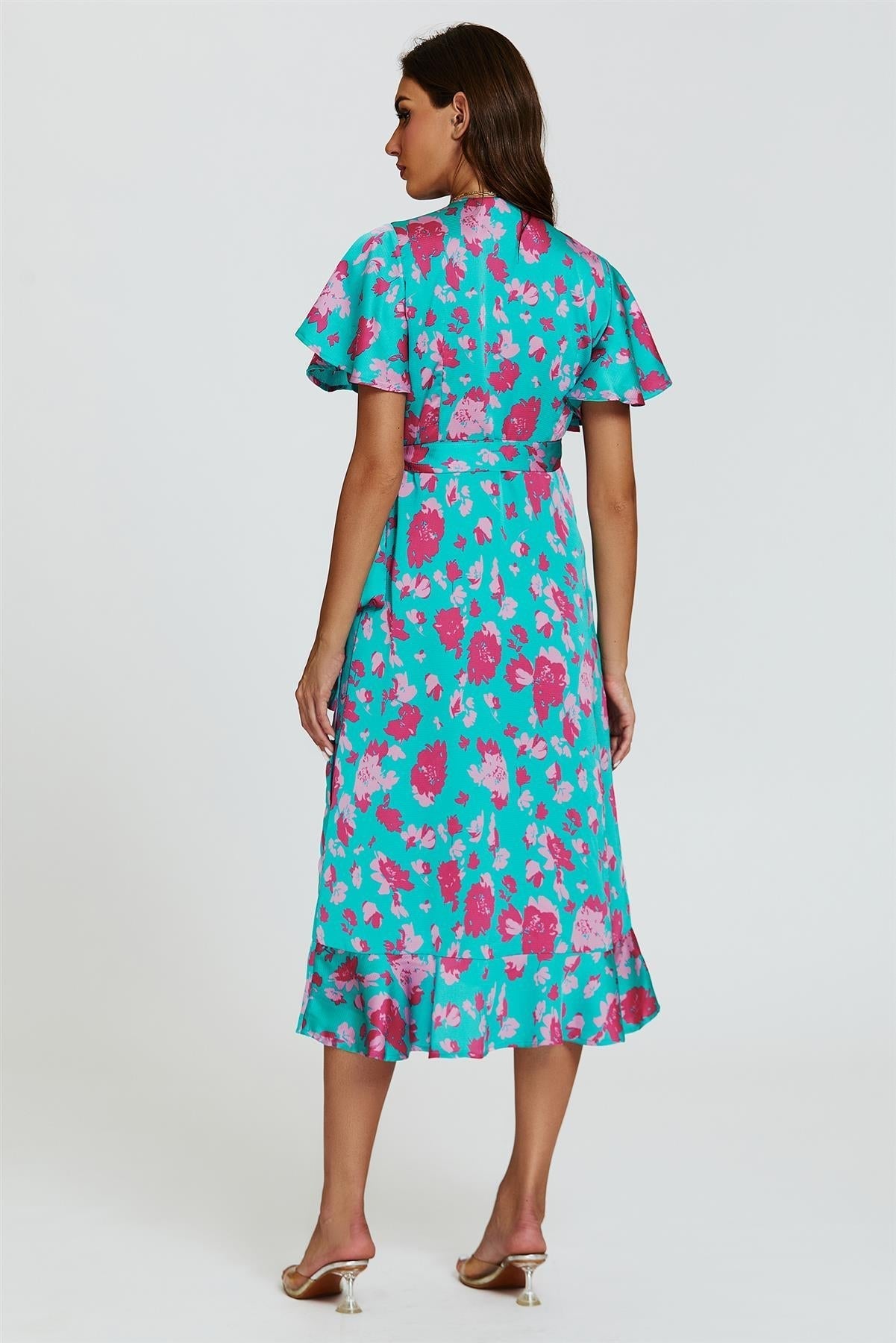 Turquoise & Hot Pink Print Angel Sleeve Wrap Midi Dress - AXON