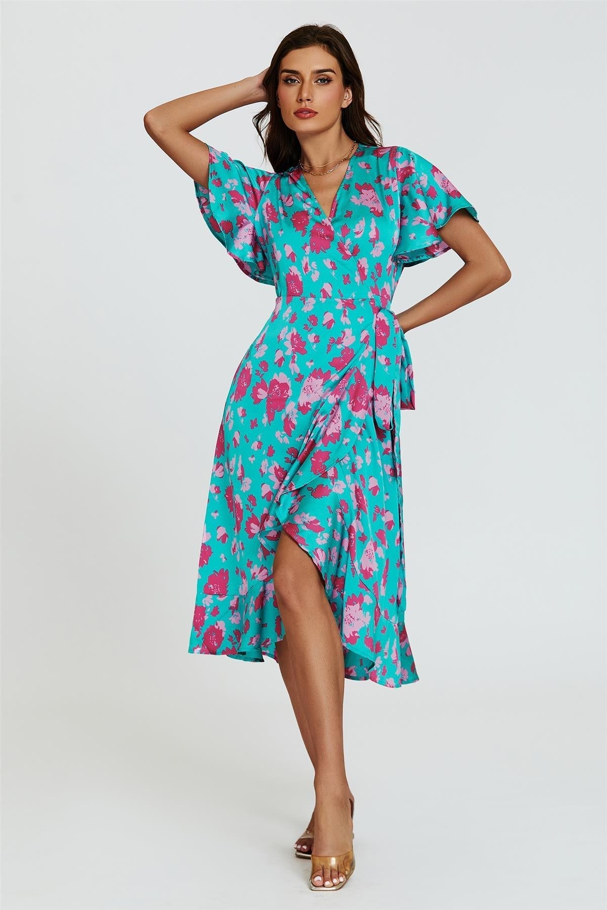 Turquoise & Hot Pink Print Angel Sleeve Wrap Midi Dress - AXON