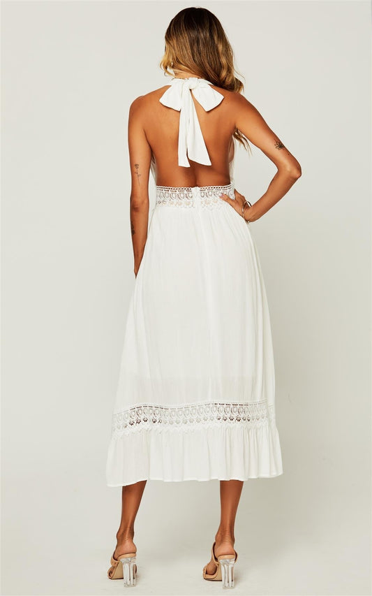 V Neck Back Tie Detail Lace Midi Dress In Ivory White - AXON