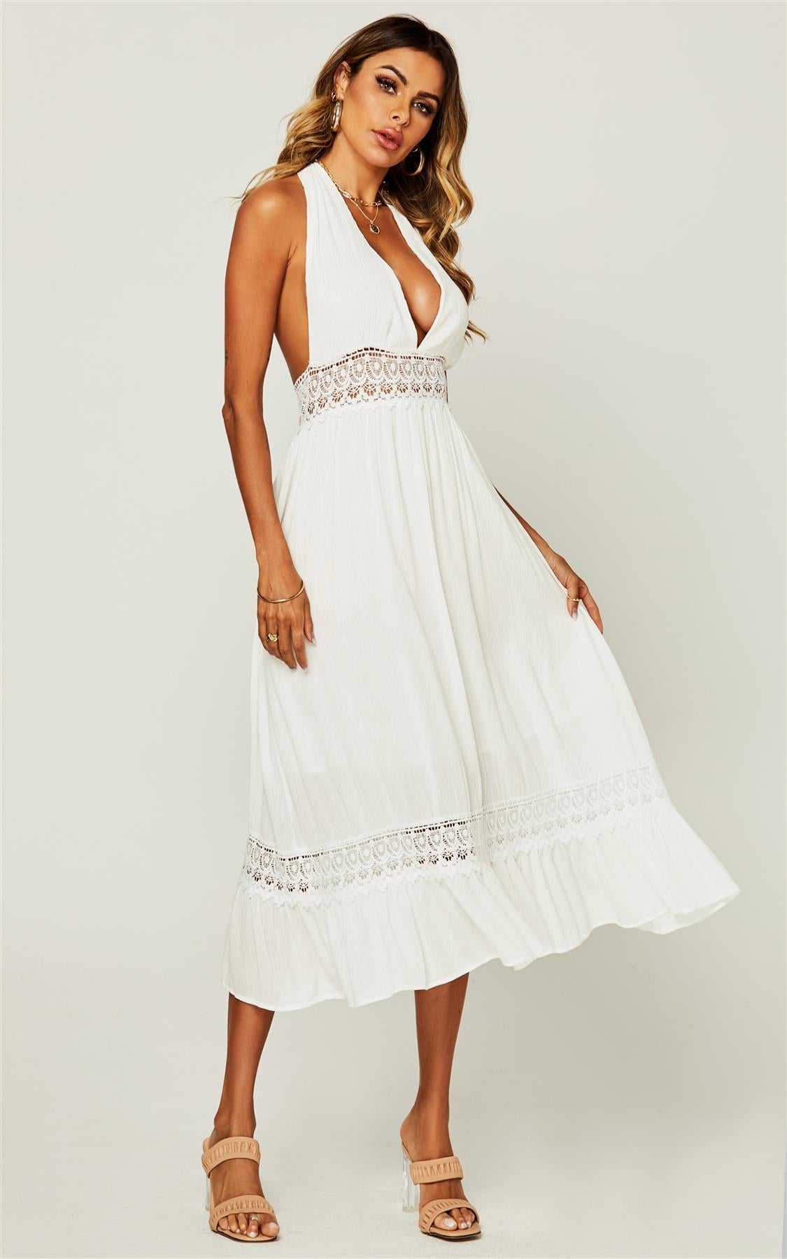 V Neck Back Tie Detail Lace Midi Dress In Ivory White - AXON