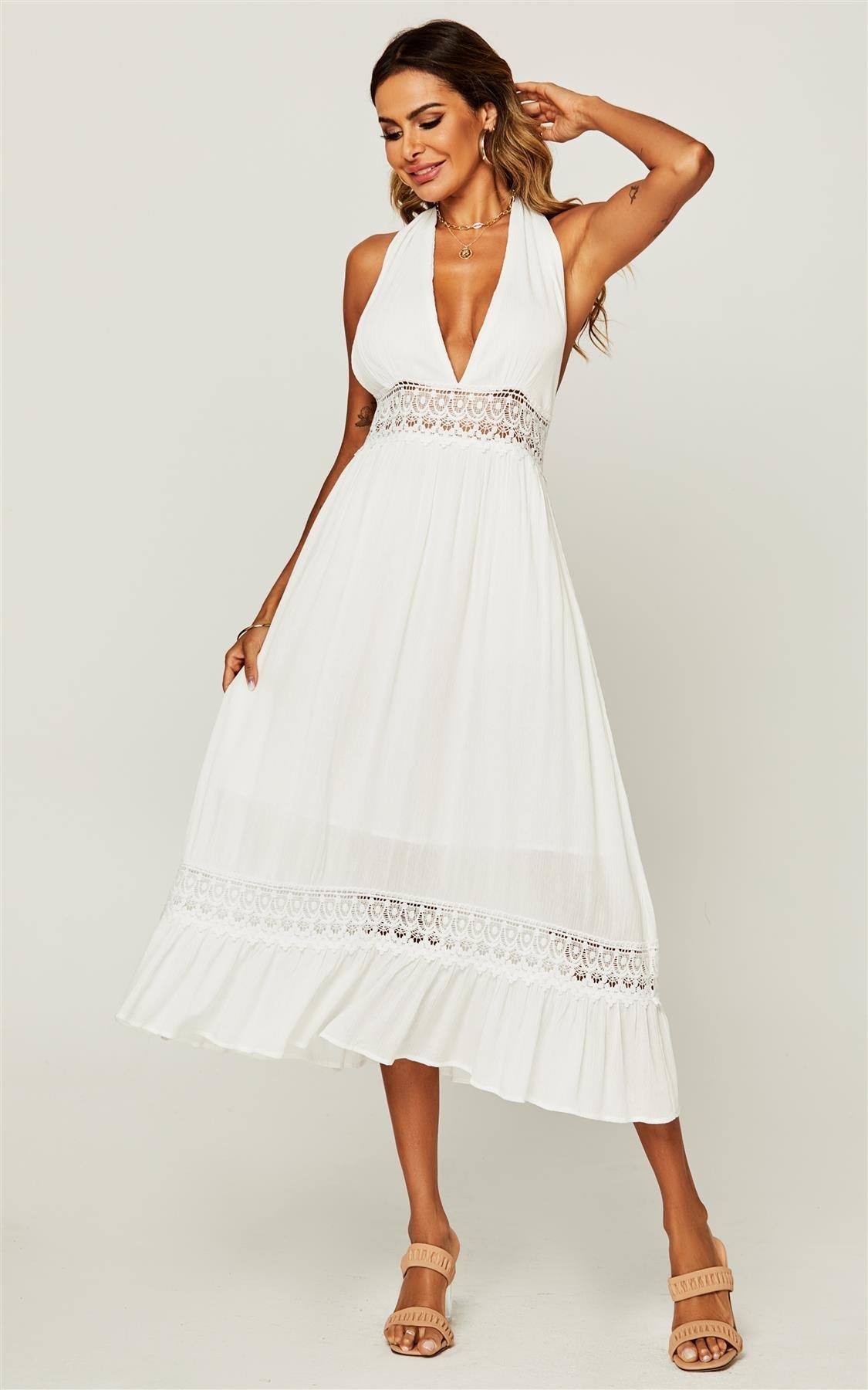 V Neck Back Tie Detail Lace Midi Dress In Ivory White - AXON