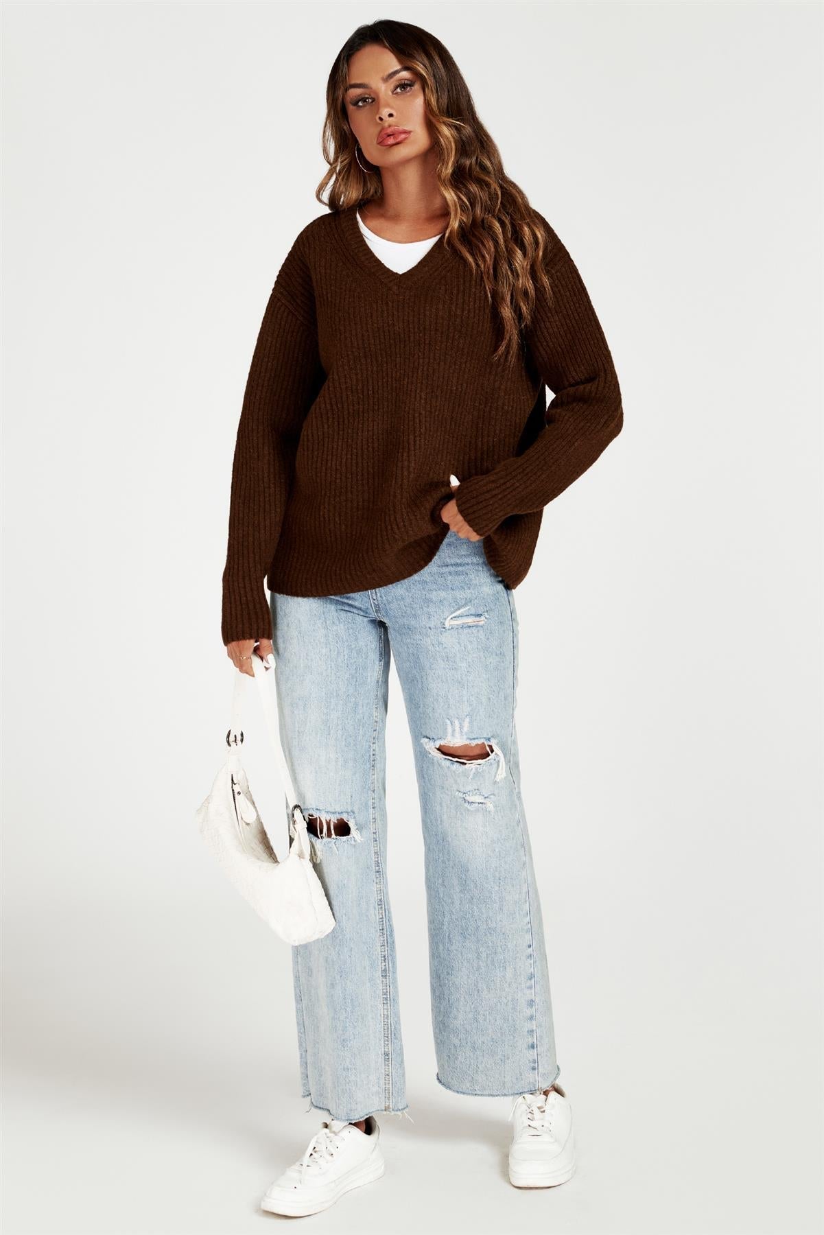 V Neck Jumper Top In Brown - AXON