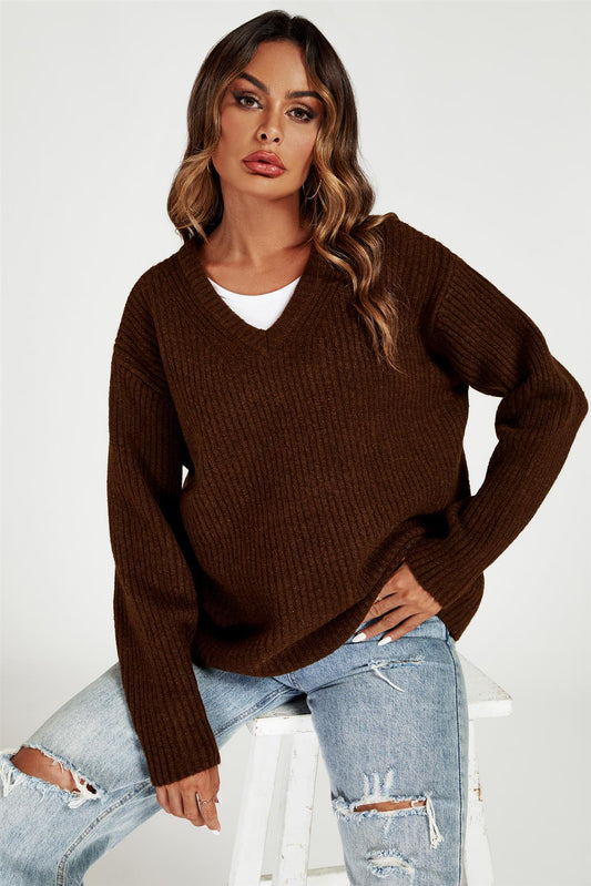V Neck Jumper Top In Brown - AXON