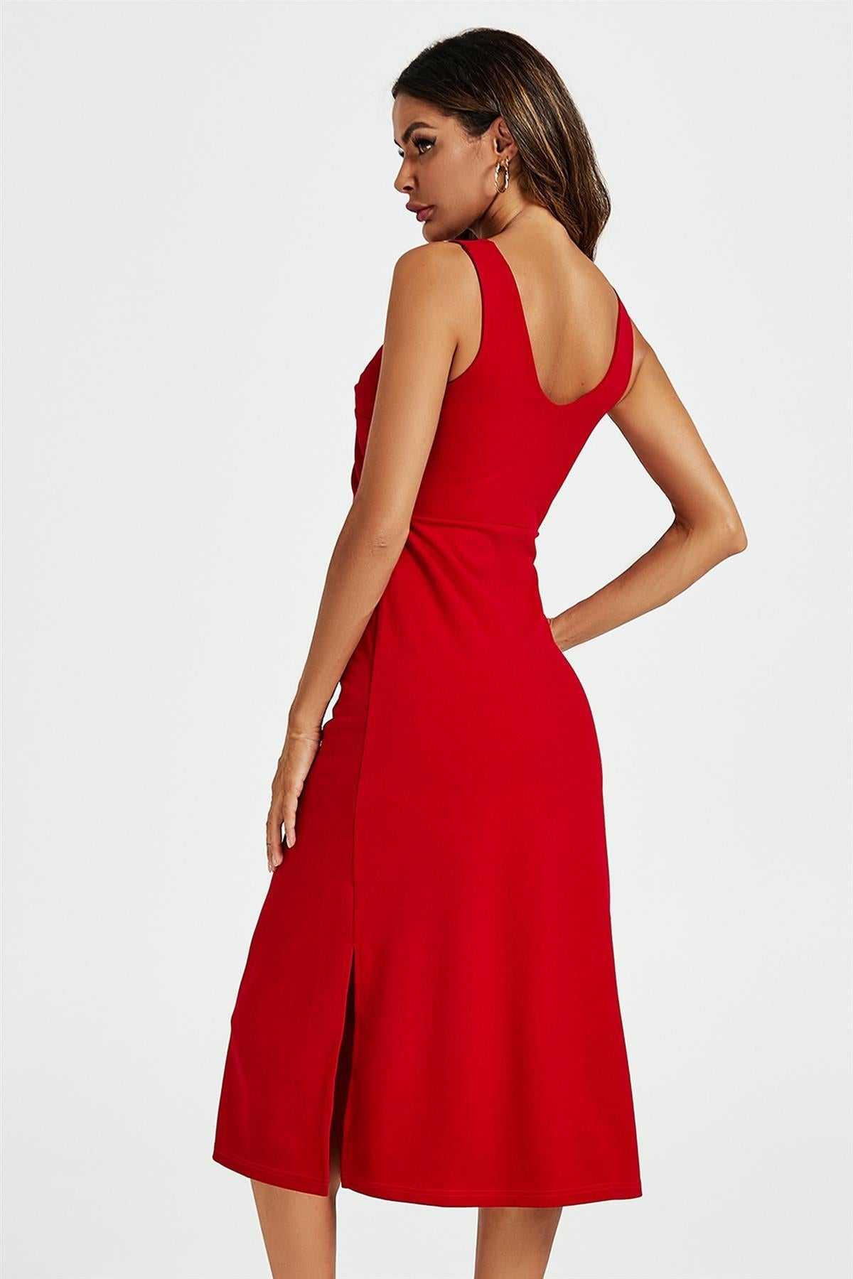 V Neck Knot Front Midi Dress In Red - AXON