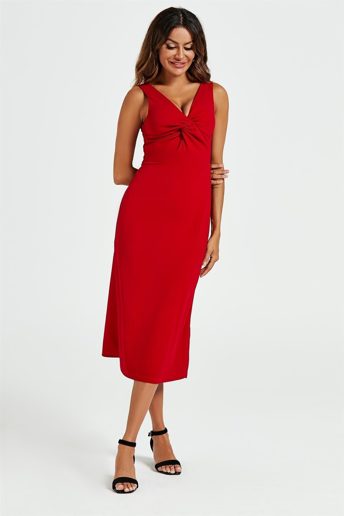 V Neck Knot Front Midi Dress In Red - AXON