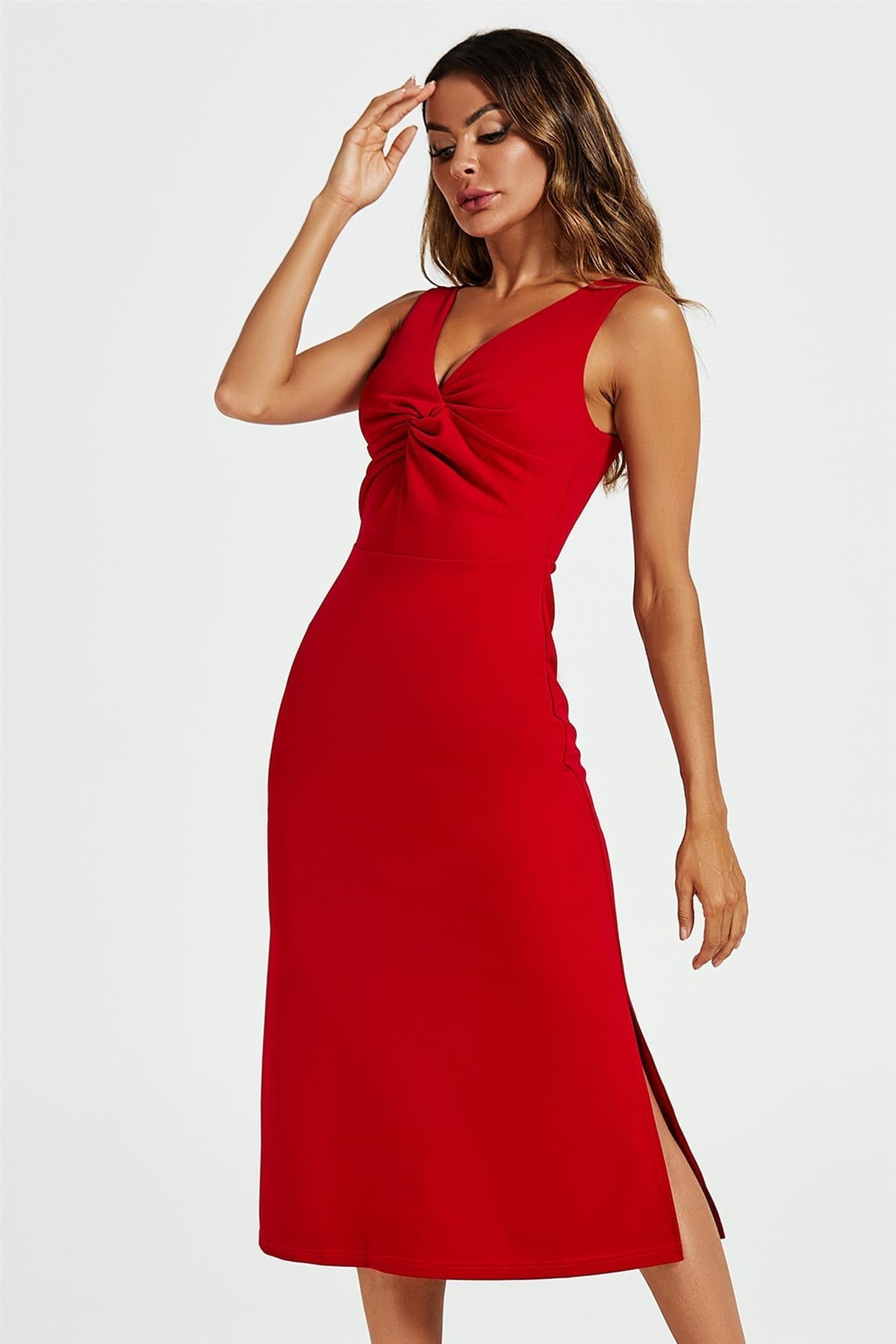 V Neck Knot Front Midi Dress In Red - AXON