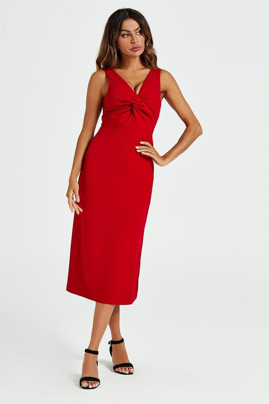 V Neck Knot Front Midi Dress In Red - AXON