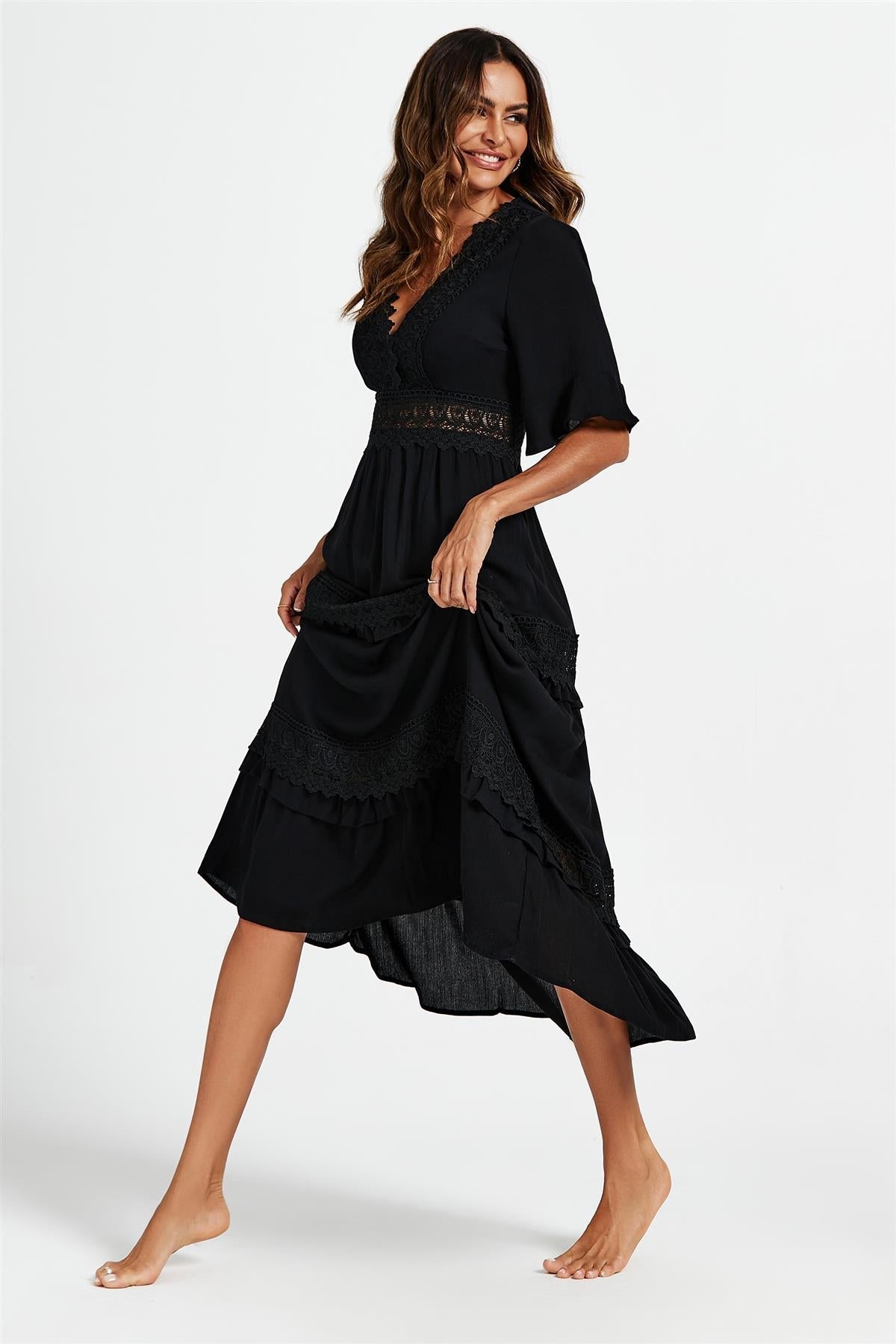 V Neck Lace Detail Midi Dress In Black - AXON