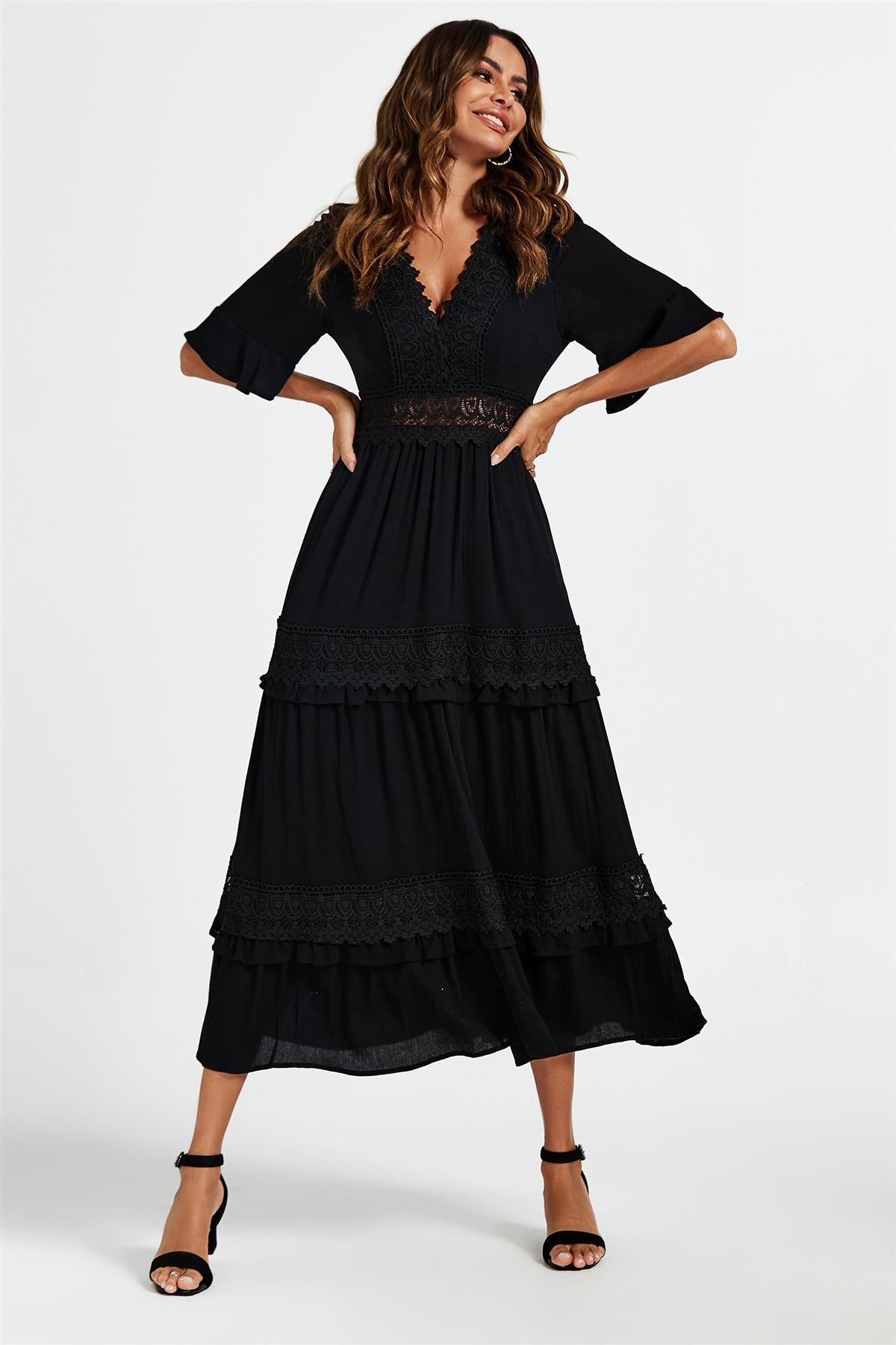 V Neck Lace Detail Midi Dress In Black - AXON