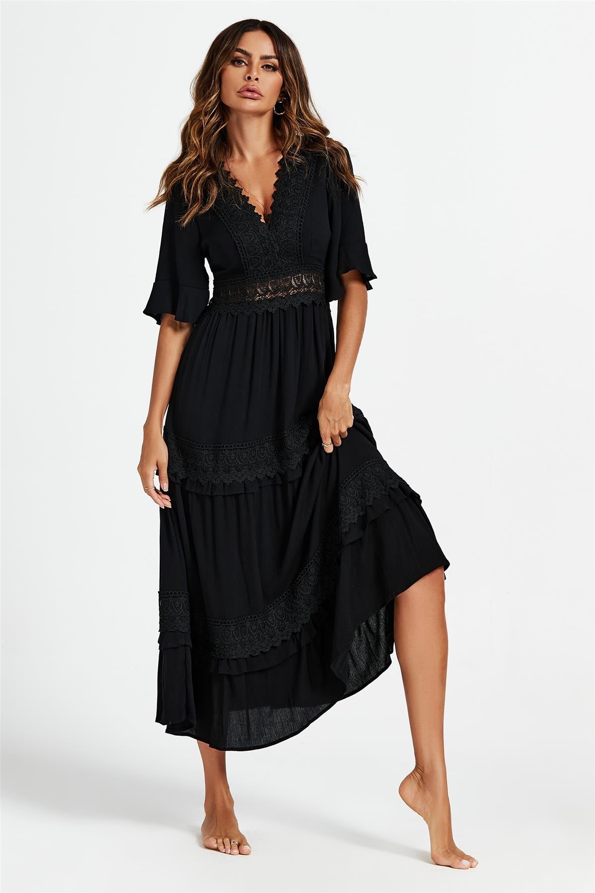 V Neck Lace Detail Midi Dress In Black - AXON