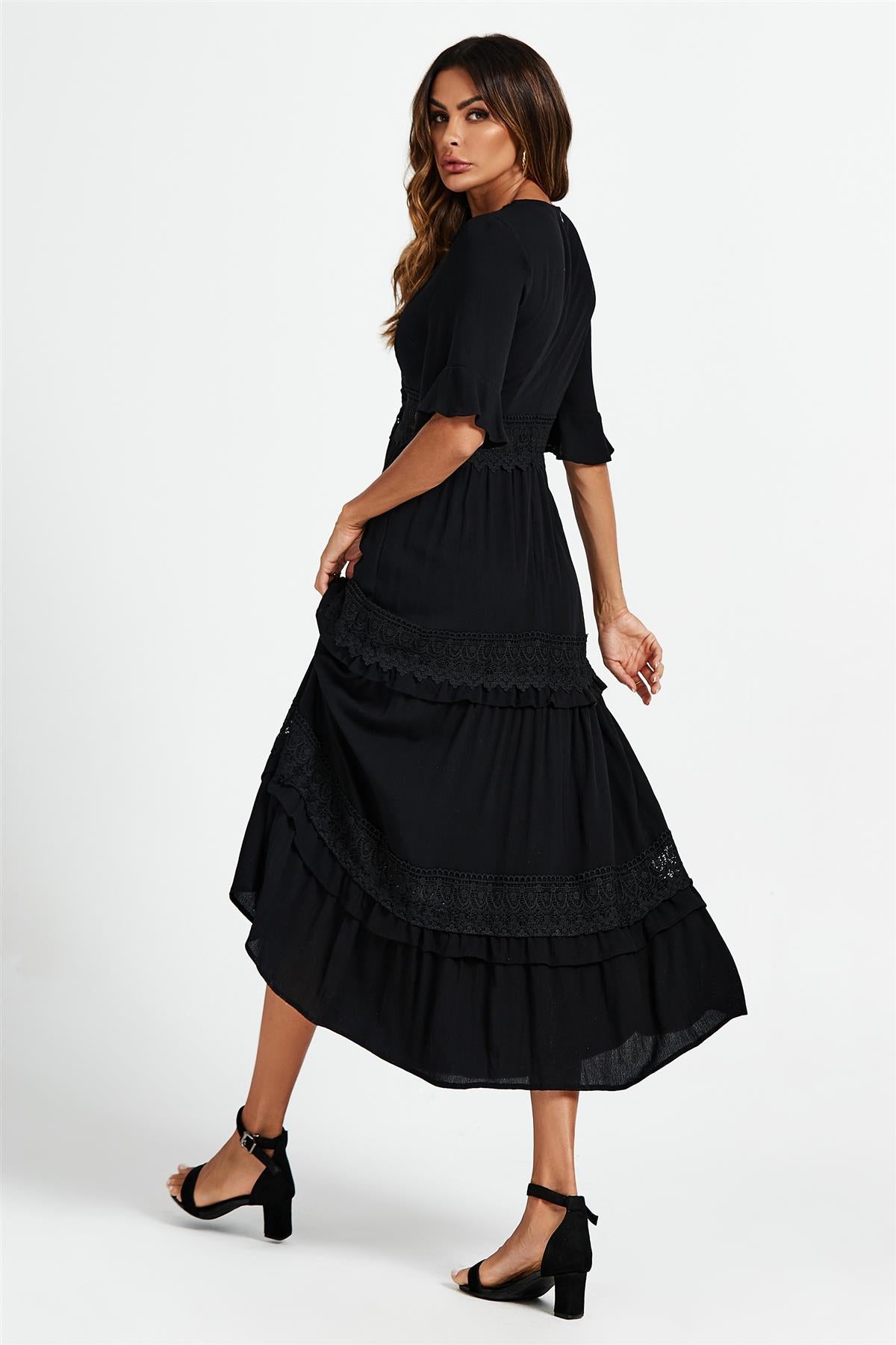 V Neck Lace Detail Midi Dress In Black - AXON