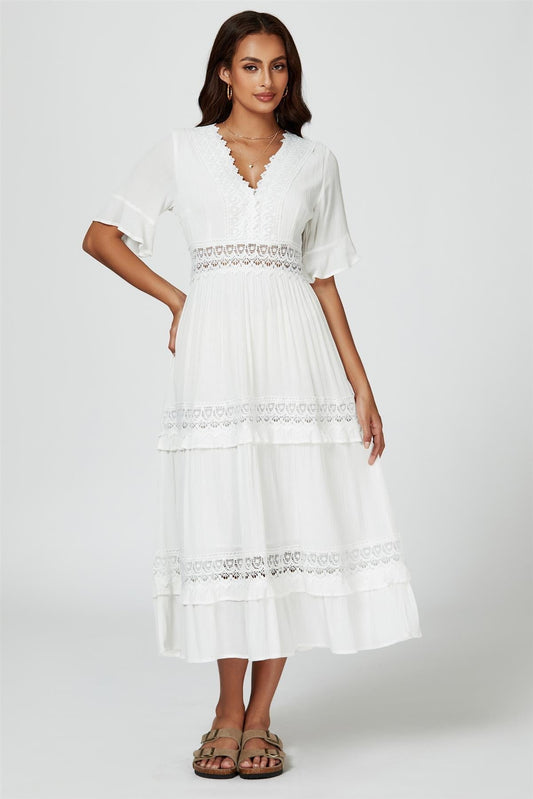 V Neck Lace Detail Midi Dress In White - AXON