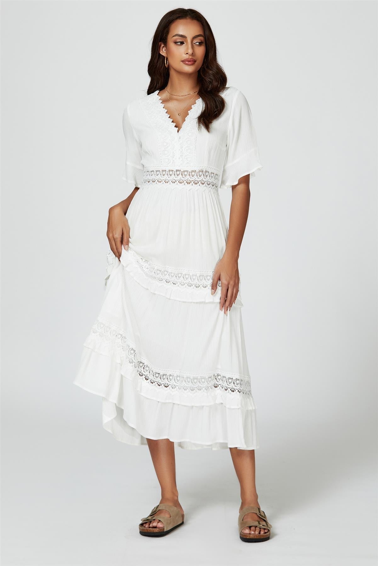 V Neck Lace Detail Midi Dress In White - AXON
