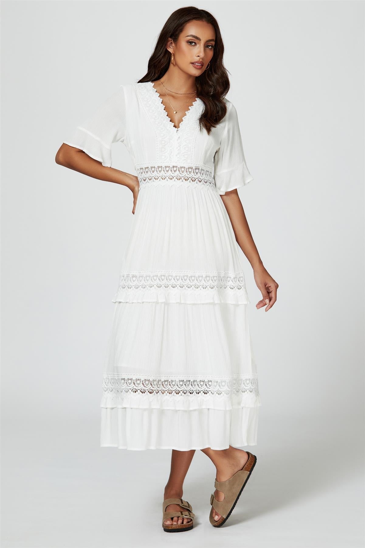 V Neck Lace Detail Midi Dress In White - AXON