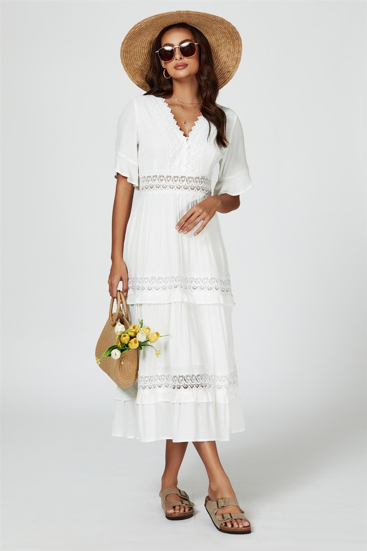 V Neck Lace Detail Midi Dress In White - AXON