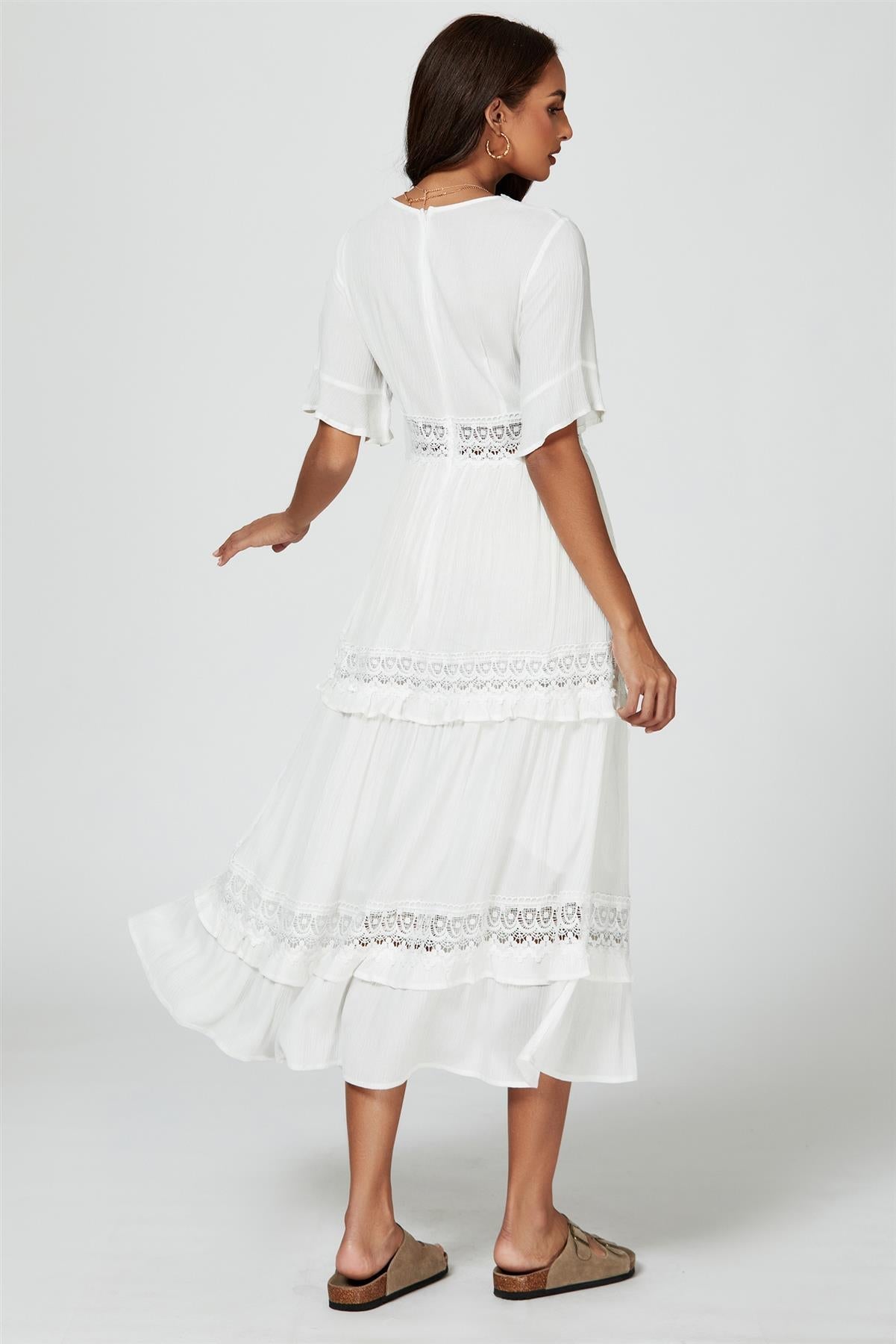 V Neck Lace Detail Midi Dress In White - AXON