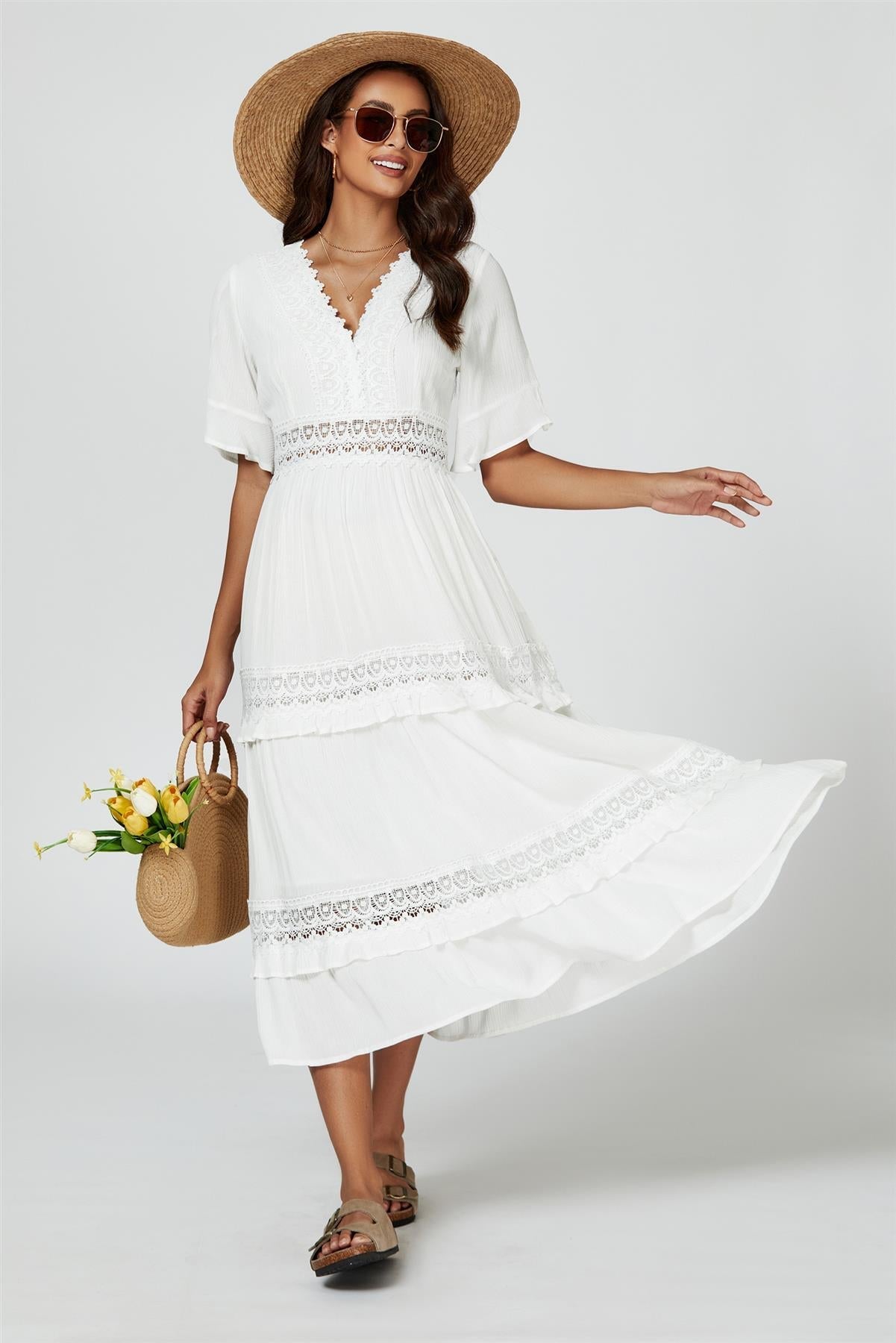 V Neck Lace Detail Midi Dress In White - AXON