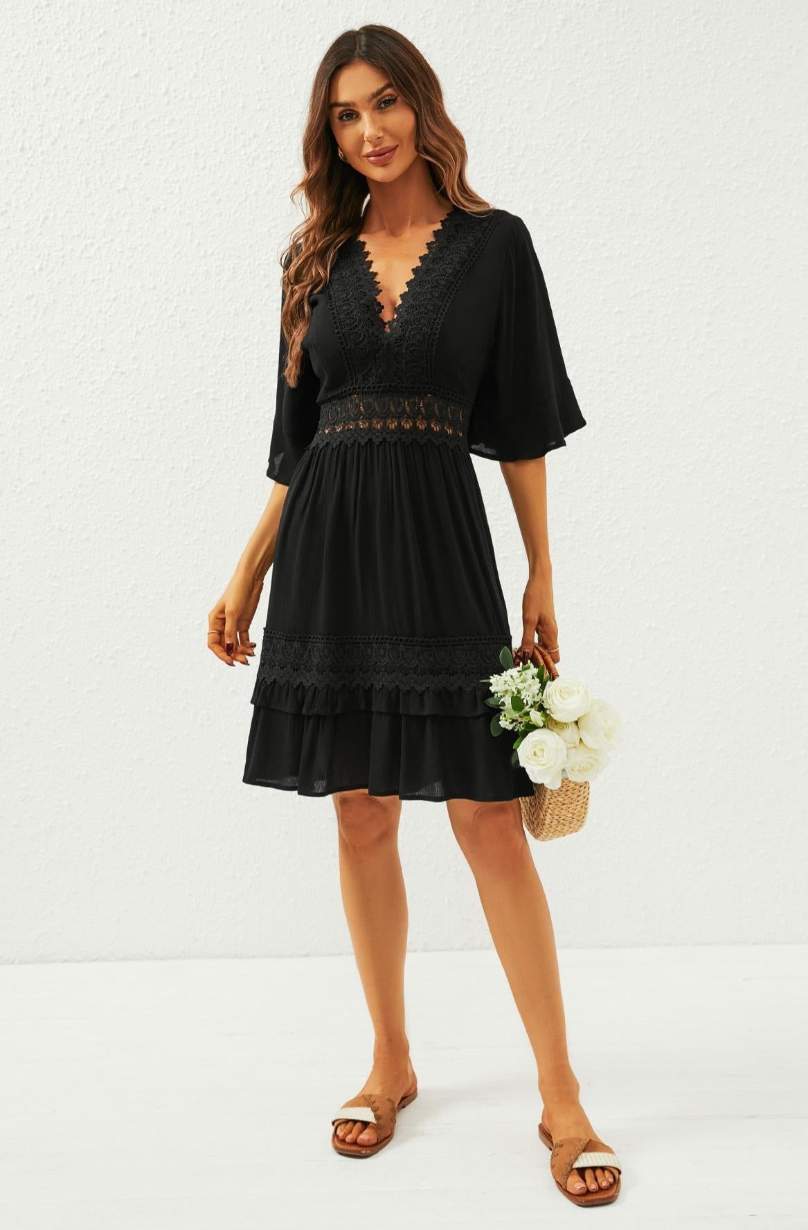 V Neck Lace Mini Dress In Black - AXON