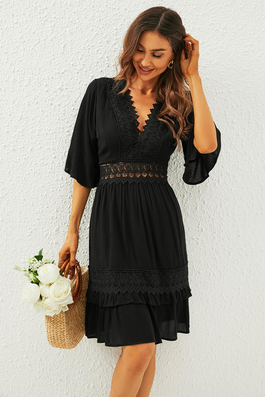 V Neck Lace Mini Dress In Black - AXON