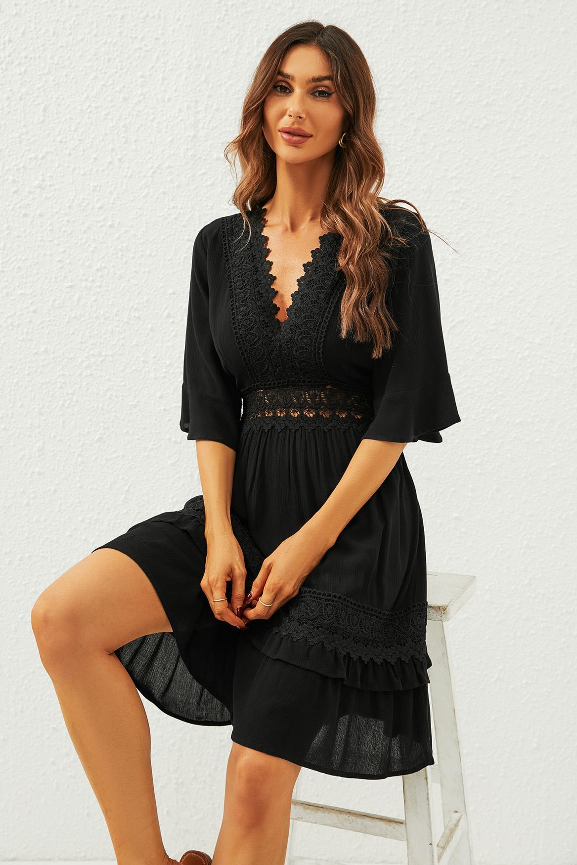 V Neck Lace Mini Dress In Black - AXON
