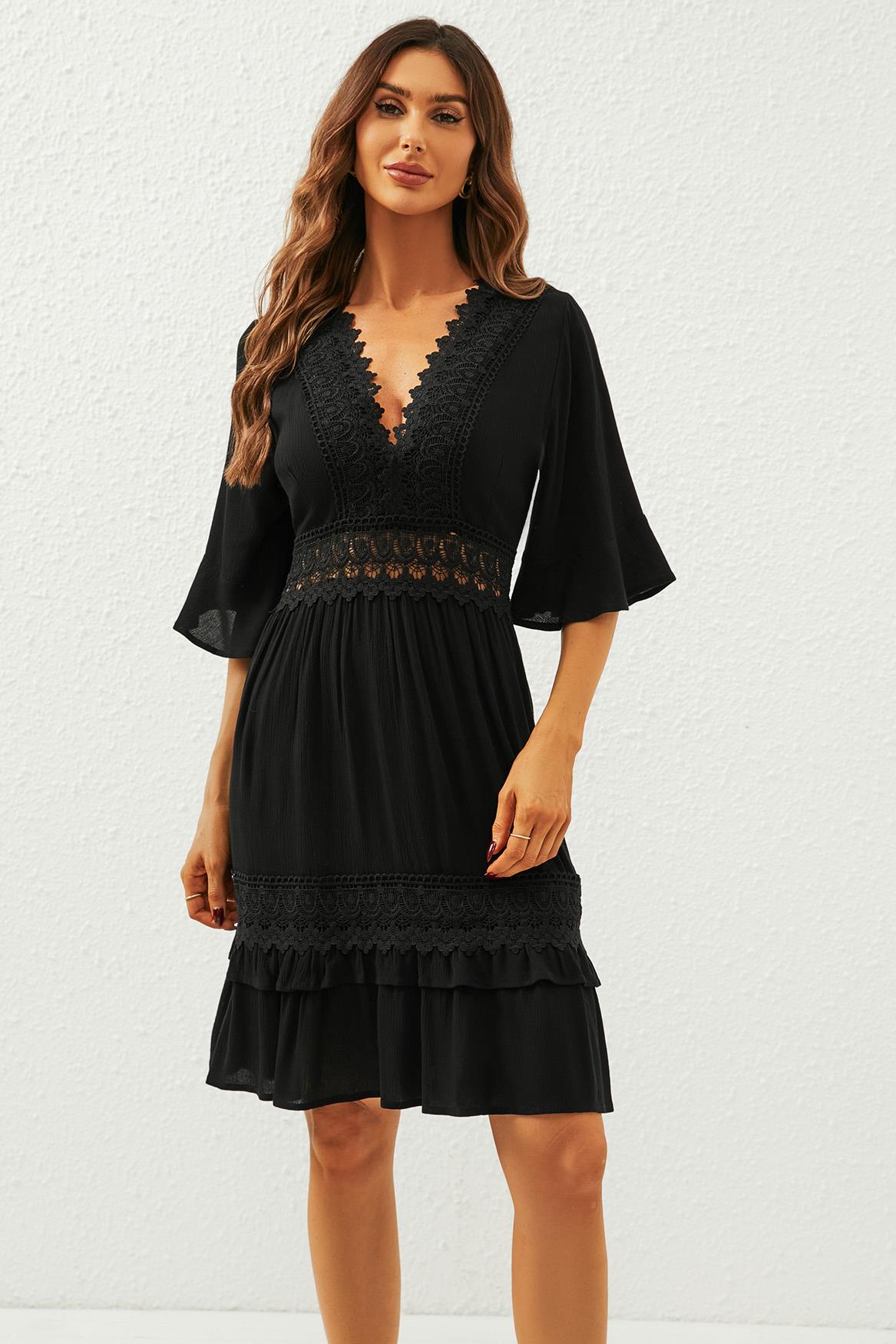 V Neck Lace Mini Dress In Black - AXON