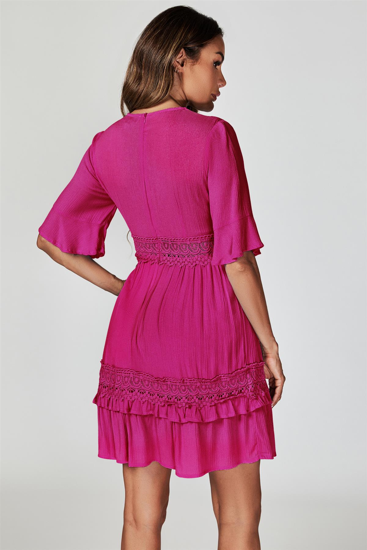 V Neck Lace Mini Dress In Fuchsia - AXON