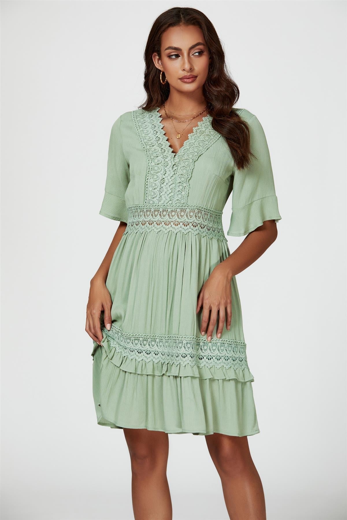 V Neck Lace Mini Dress In Green - AXON