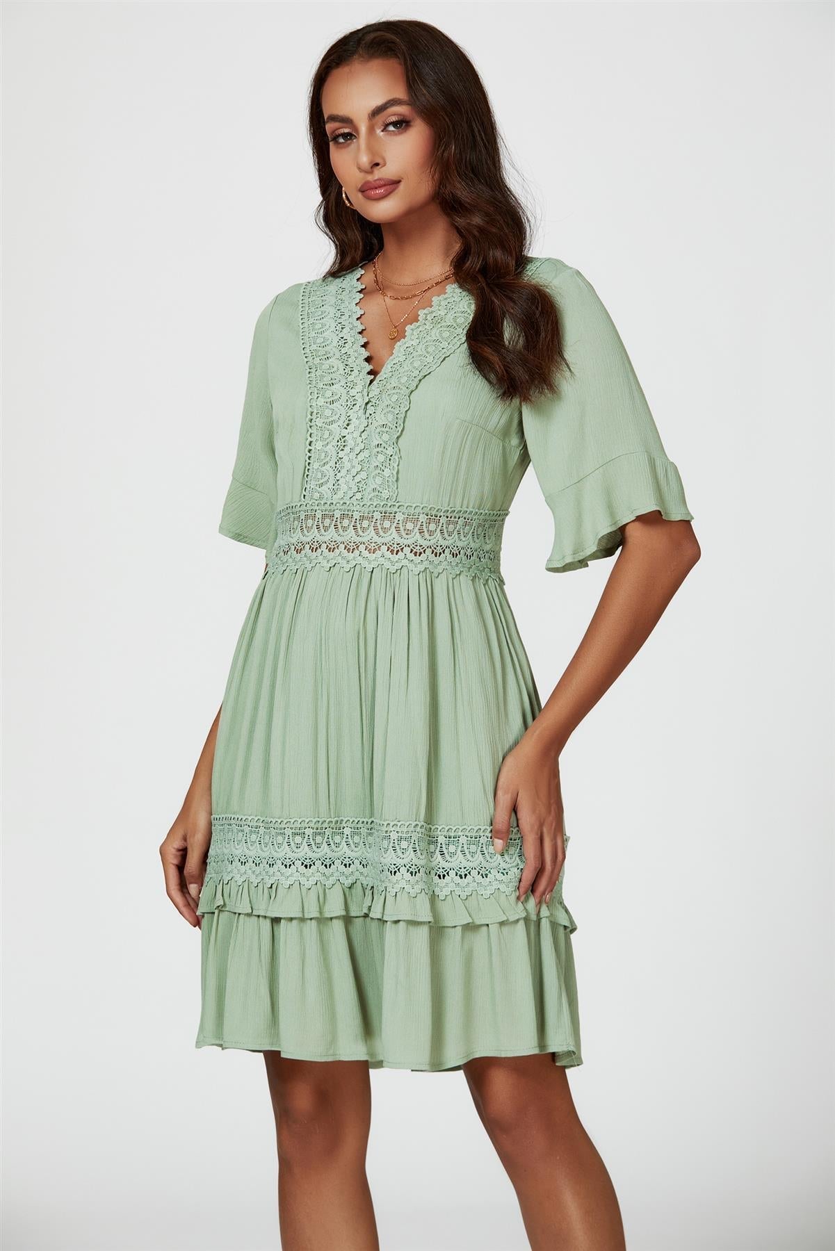 V Neck Lace Mini Dress In Green - AXON