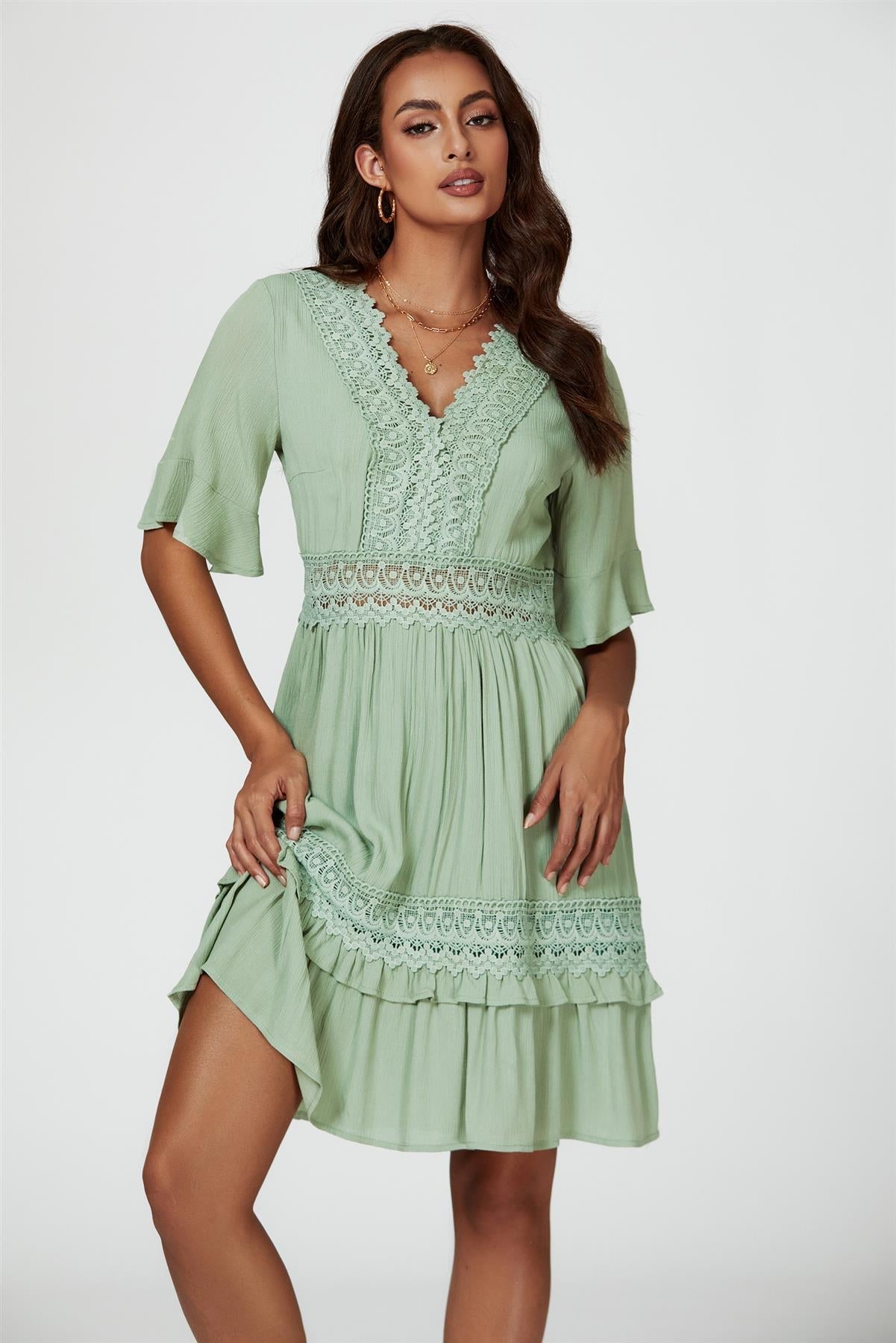 V Neck Lace Mini Dress In Green - AXON