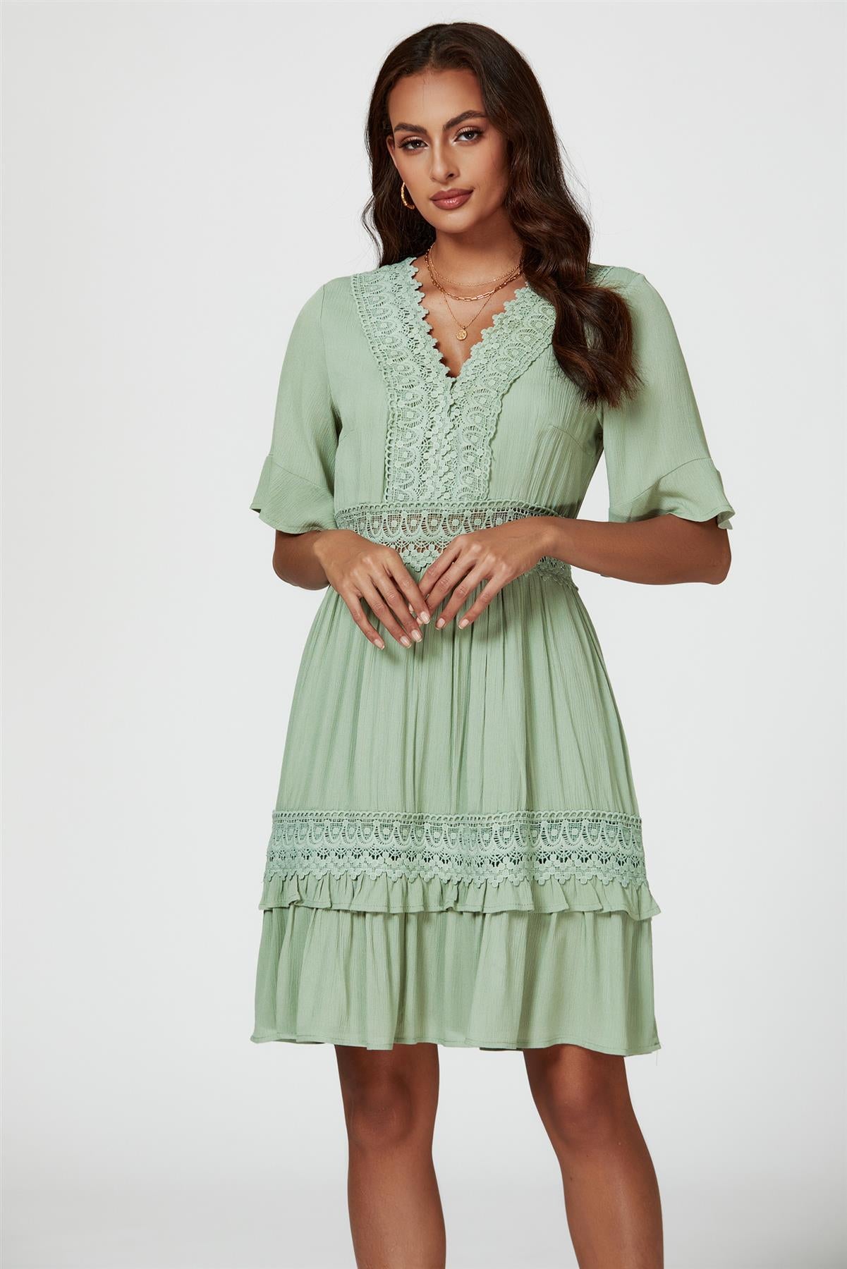 V Neck Lace Mini Dress In Green - AXON