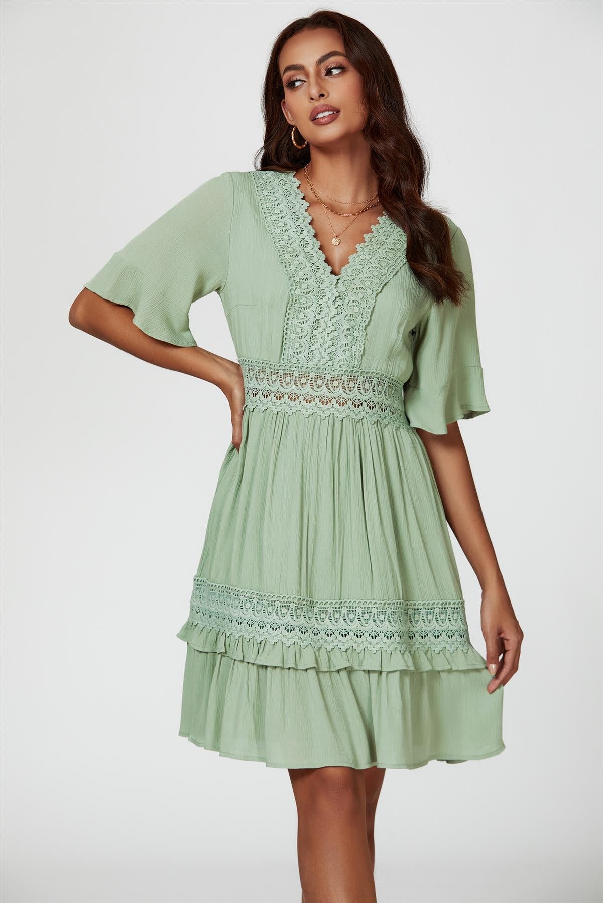 V Neck Lace Mini Dress In Green - AXON