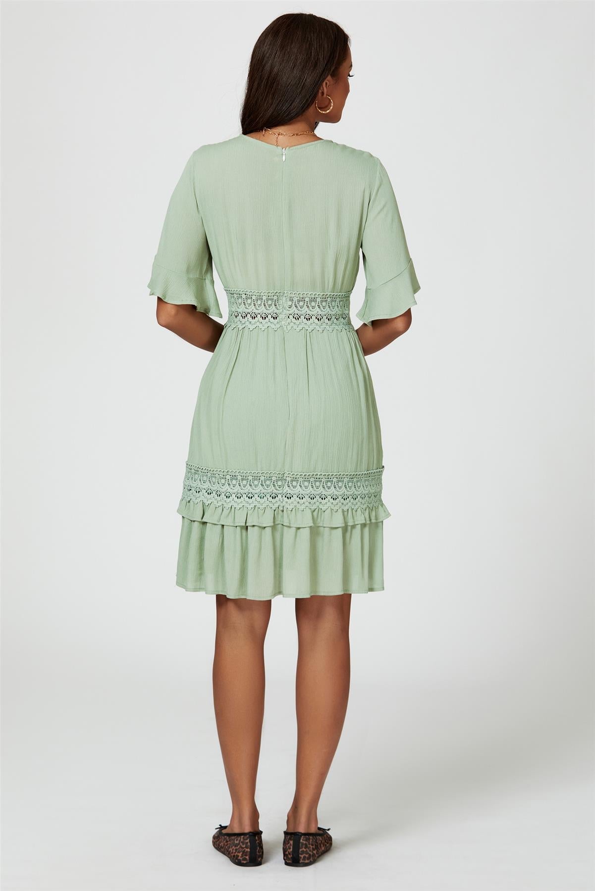 V Neck Lace Mini Dress In Green - AXON