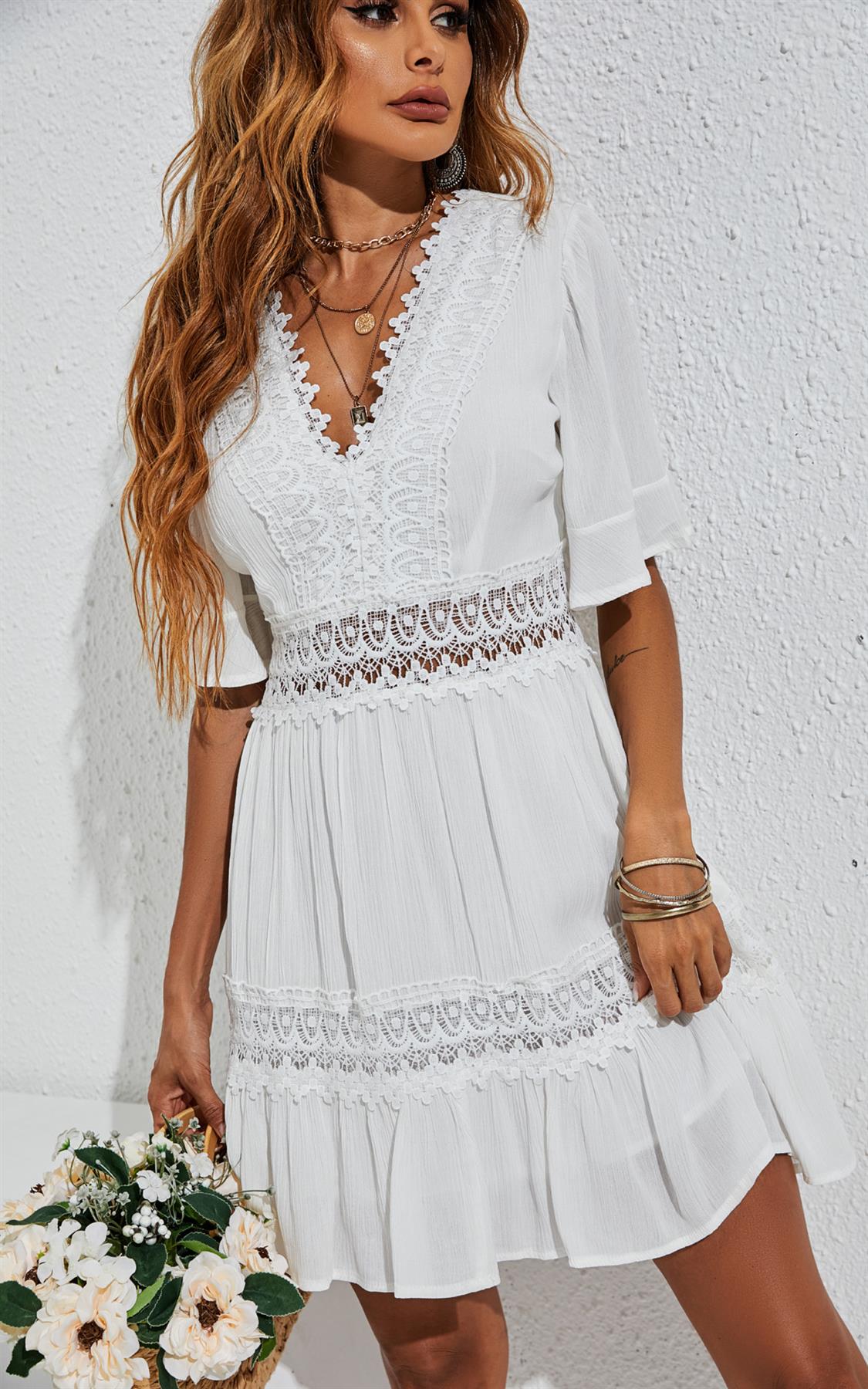 V Neck Lace Mini Dress In Ivory White - AXON
