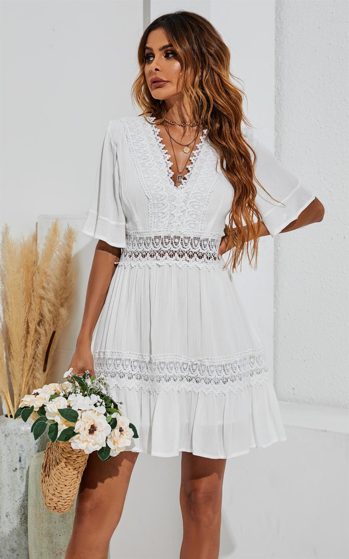 V Neck Lace Mini Dress In Ivory White - AXON