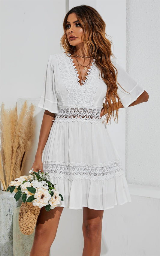 V Neck Lace Mini Dress In Ivory White - AXON