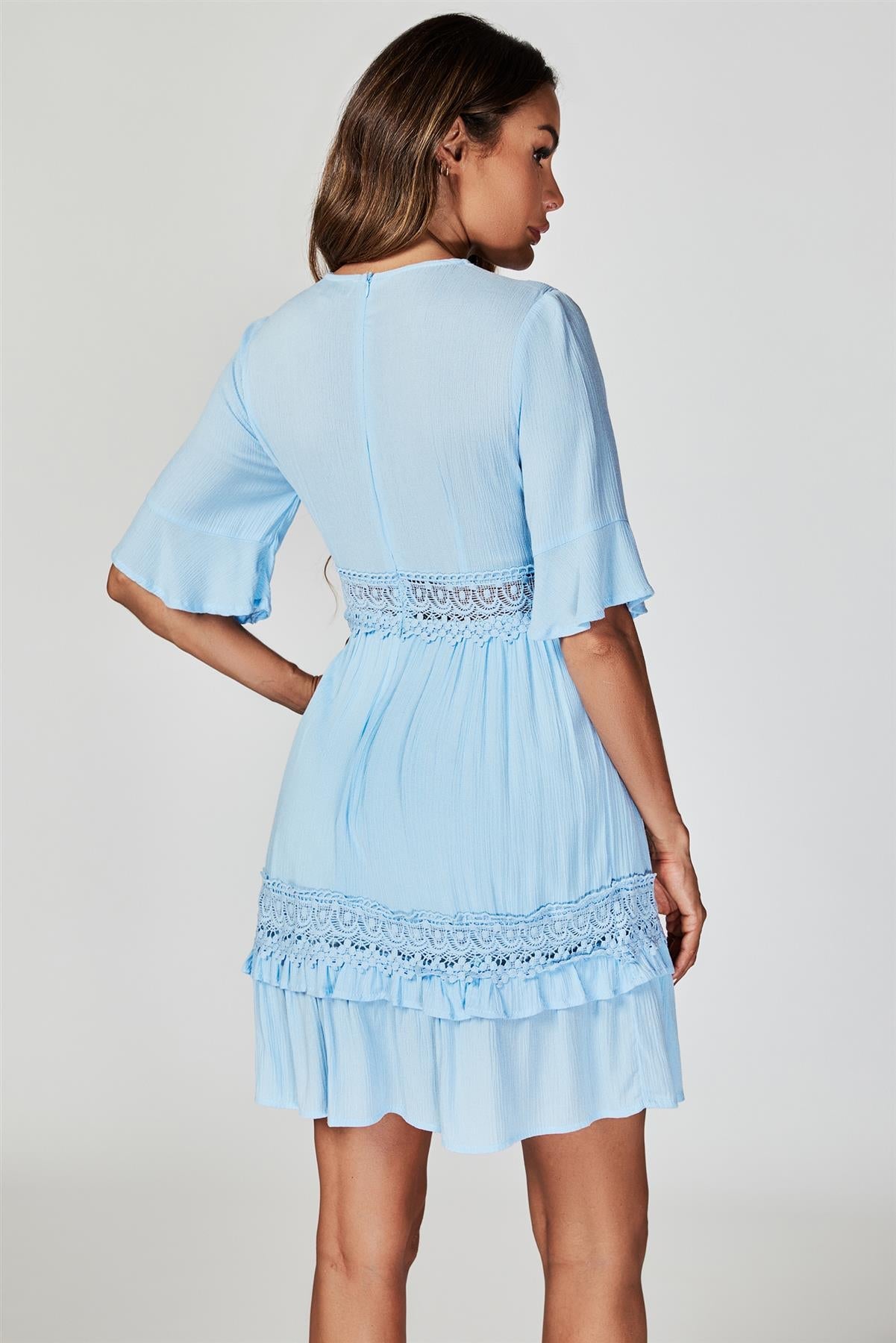 V Neck Lace Mini Dress In Light Blue - AXON