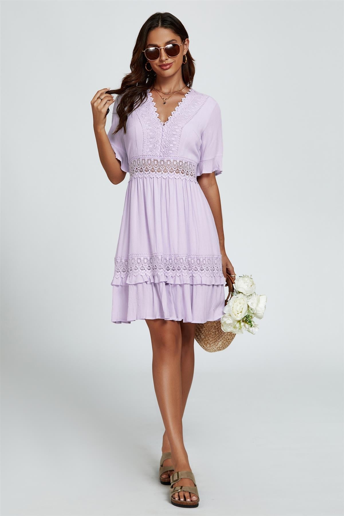V Neck Lace Mini Dress In Purple - AXON