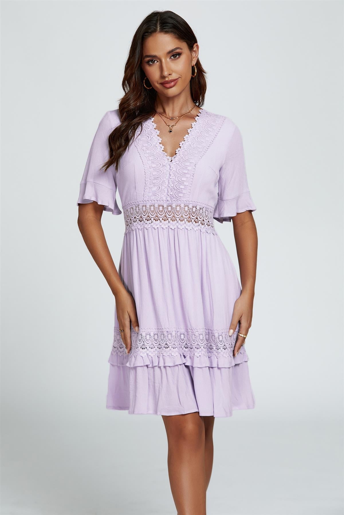 V Neck Lace Mini Dress In Purple - AXON