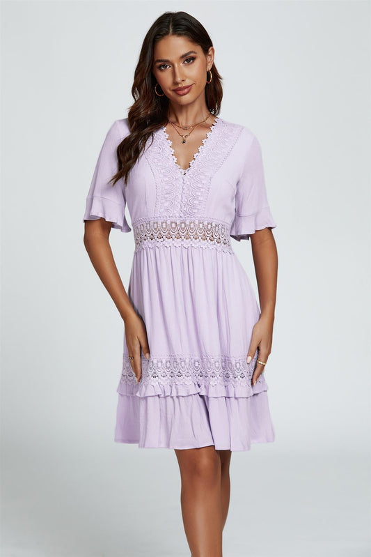V Neck Lace Mini Dress In Purple - AXON