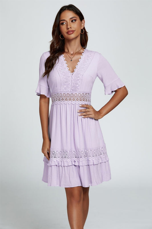 V Neck Lace Mini Dress In Purple - AXON