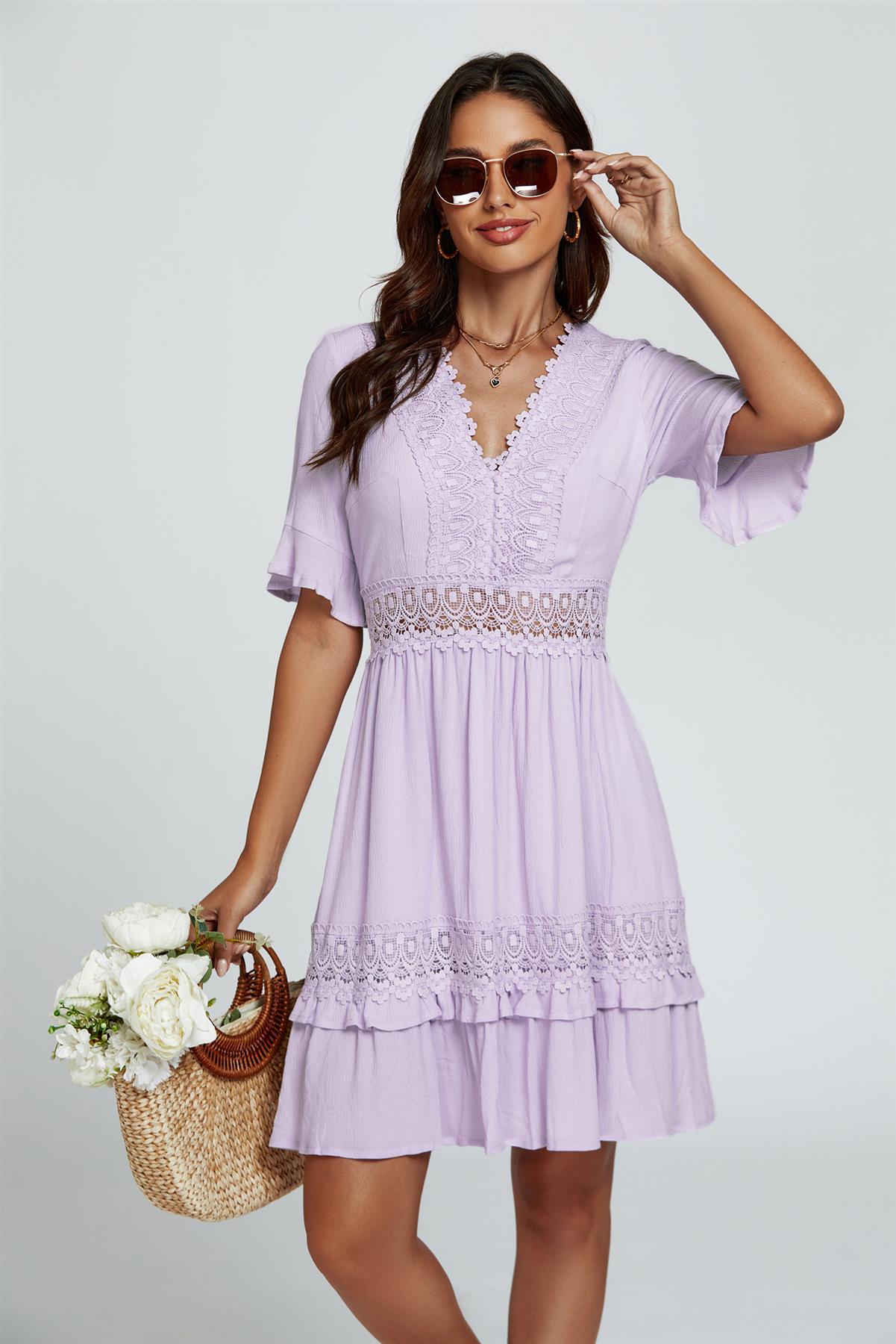 V Neck Lace Mini Dress In Purple - AXON