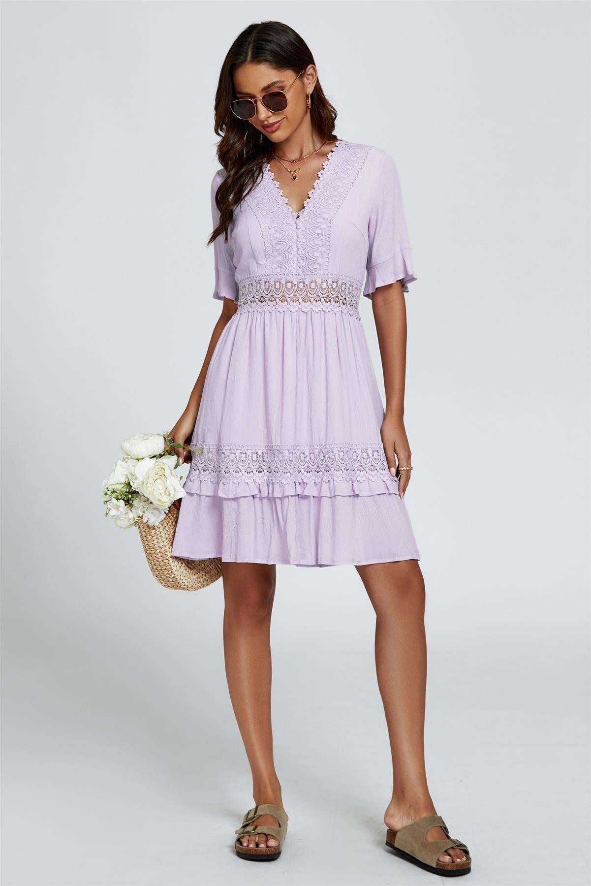 V Neck Lace Mini Dress In Purple - AXON